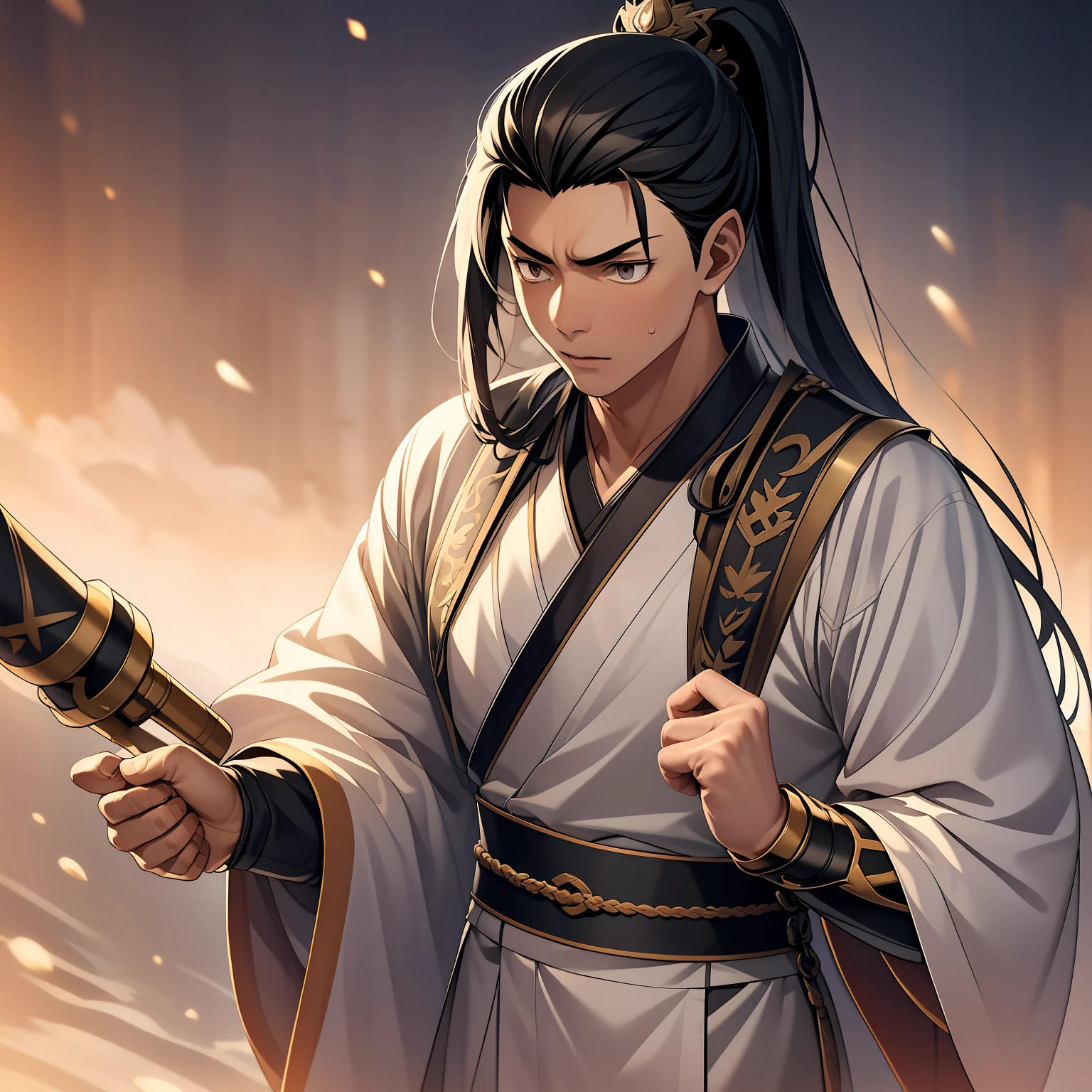 quadratic element,style of anime,mtu(Male Warrior),The proportions are correct,Face details,swordsmen,High ponytail hairstyle,Neck details,There is an Adam's apple,Black Hanfu,kaftan,Embroidered robes,Black robe,clothes details,Handing over,longer sleeves,Game quality,Swordsmanship,Light and shadow tracking,Ray traching,detailed glow,cg render,hair detail,long white hair,Black eyes,Handsome,Handsome,(juvenile sense),Clothing is complicated,Perfectcomposition,Refinement,high qulity,higher details,Lots of details,The background is complex,a sense of atmosphere,