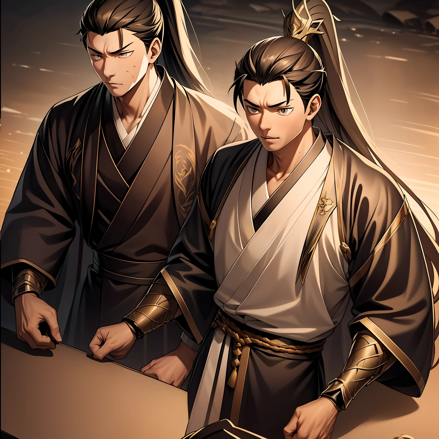 quadratic element，style of anime，mtu（Male Warrior），The proportions are correct，Face details，swordsmen，High ponytail hairstyle，Neck details，There is an Adam's apple，Black Hanfu，kaftan，Embroidered robes，Black robe，clothes details，Handing over，longer sleeves，Game quality，Swordsmanship，Light and shadow tracking，Ray traching，detailed glow，cg render，hair detail，long  white hair，Black eyes，Handsome，Handsome，（juvenile sense），Clothing is complicated，Perfectcomposition，Refinement，high qulity，higher details，Lots of details，The background is complex，a sense of atmosphere，