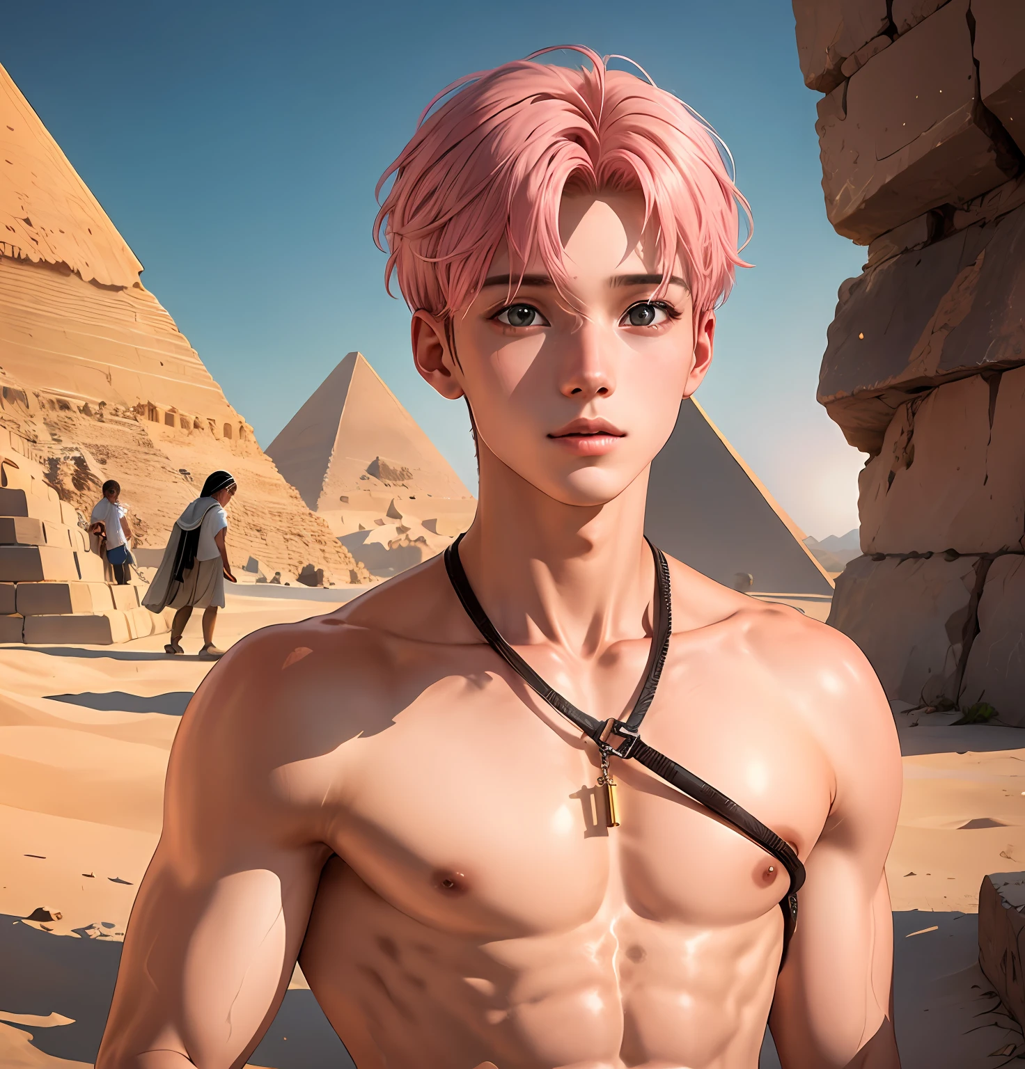 A 15-year-old boy with short pink hair is a man who has honey-colored eyes of this white hanging at the bottom of ancient Egypt you can see the pyramids