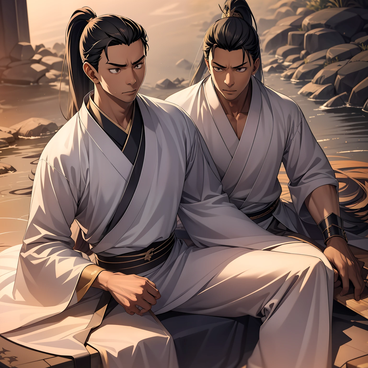 quadratic element,style of anime,mtu(Male Warrior),The proportions are correct,Face details,swordsmen,High ponytail hairstyle,Neck details,There is an Adam's apple,Black Hanfu,kaftan,Embroidered robes,Black robe,clothes details,Handing over,longer sleeves,Game quality,Swordsmanship,Light and shadow tracking,Ray traching,detailed glow,cg render,hair detail,long white hair,Black eyes,Handsome,Handsome,(juvenile sense),Clothing is complicated,Perfectcomposition,Refinement,high qulity,higher details,Lots of details,The background is complex,a sense of atmosphere,