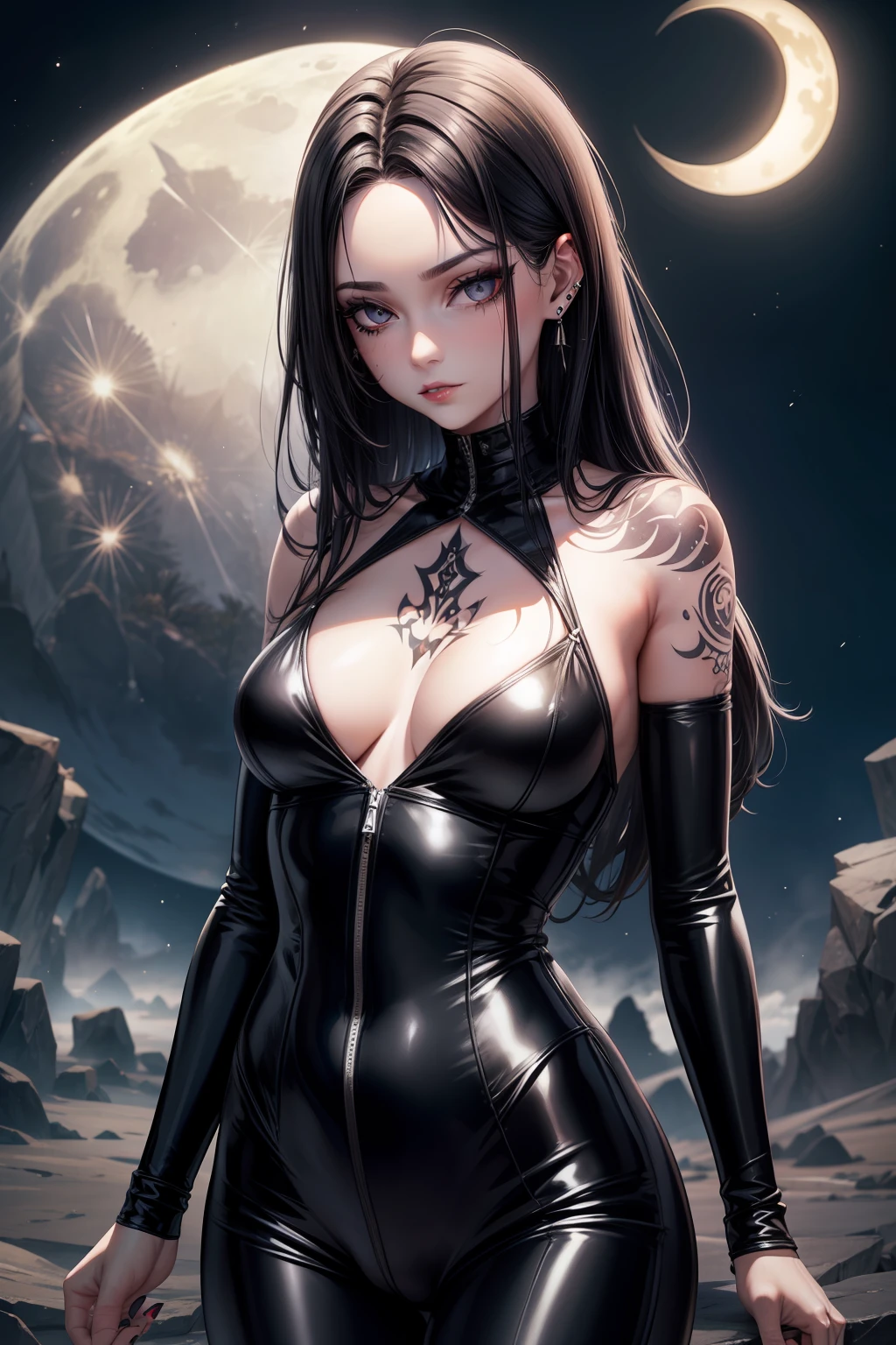 Selene undeworld, loba, Hibrido,piercings, tatuagens, tattoo de lua 🌙 na testa, black catsuit, Corcer, cabelo escuros,cachos,longo, franja loira