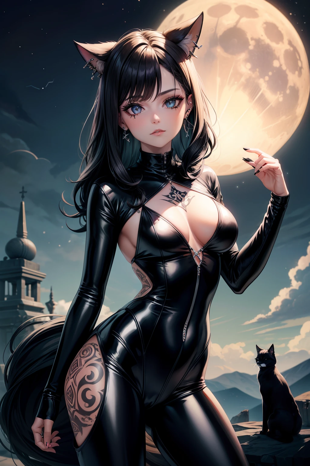 Selene undeworld, loba, Hibrido,piercings, tatuagens, tattoo de lua 🌙 na testa, black catsuit, Corcer, cabelo escuros,cachos,longo, franja loira