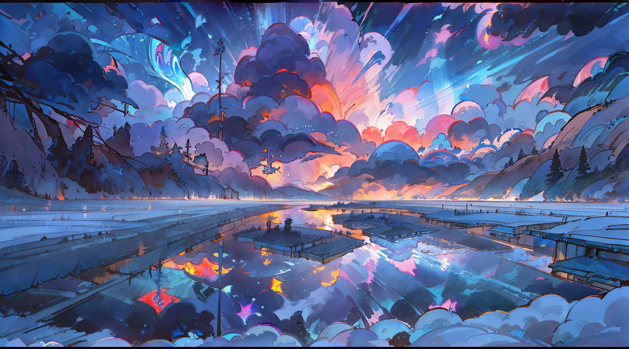A surreal masterpiece,It presents beautiful and spectacular views in cool colors。Fantastic sky reflection。The beautiful sky blends in with the color of the lake,Like a blue flame。This 8K picture creates a fantastic atmosphere,Colorful clouds are suspended in it,Create surreal visual experiences,Snow drifts in the air