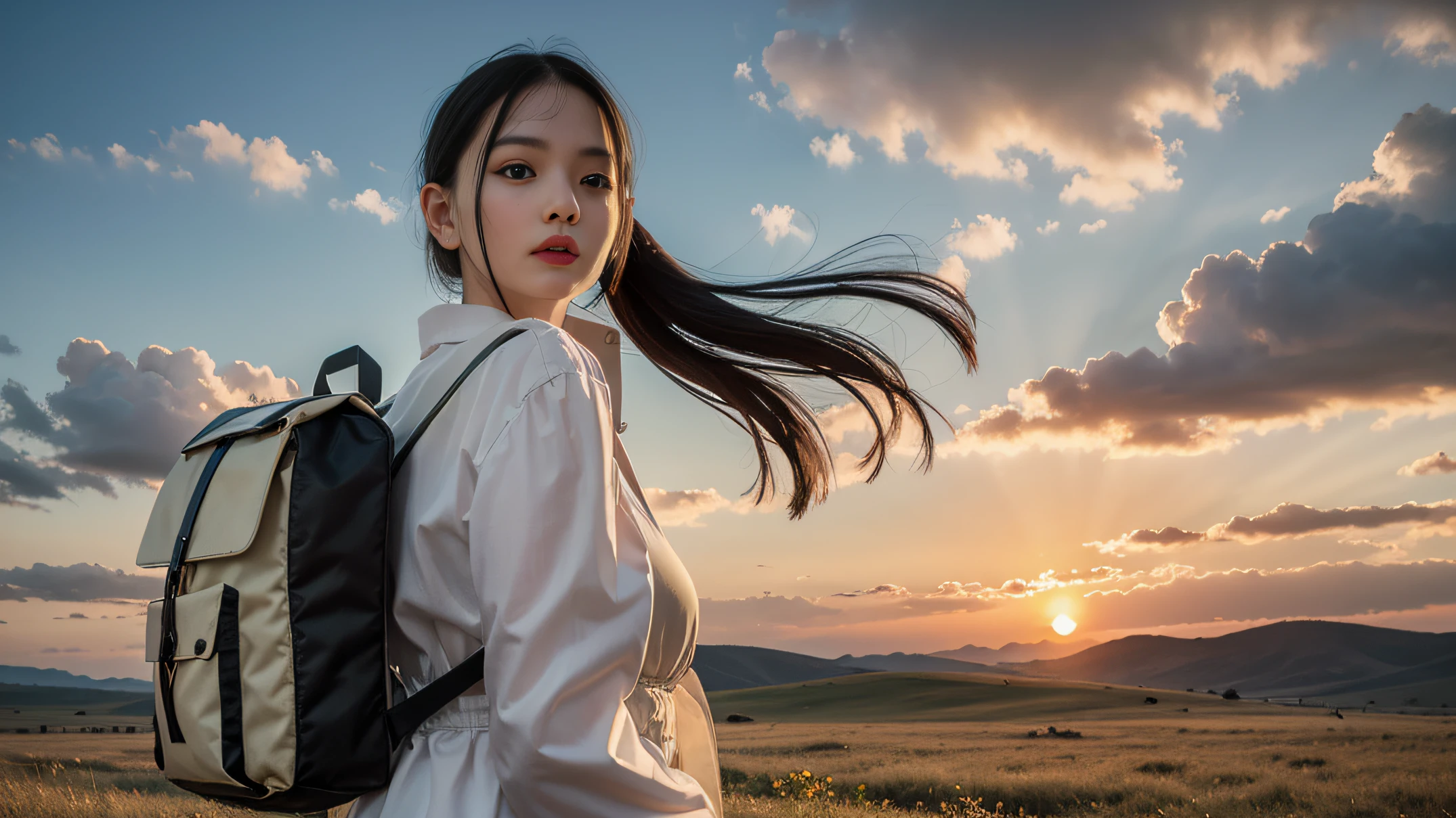 The vast sky,Large grasslands,Light wind,the setting sun,evening light,In the distance, Sheep on the steppe,Stunning and realistic visuals,Colorful natural light,In the distance in the middle of the meadow, there was a girl carrying a backpack, wearing a long-sleeved blouse and shorts。