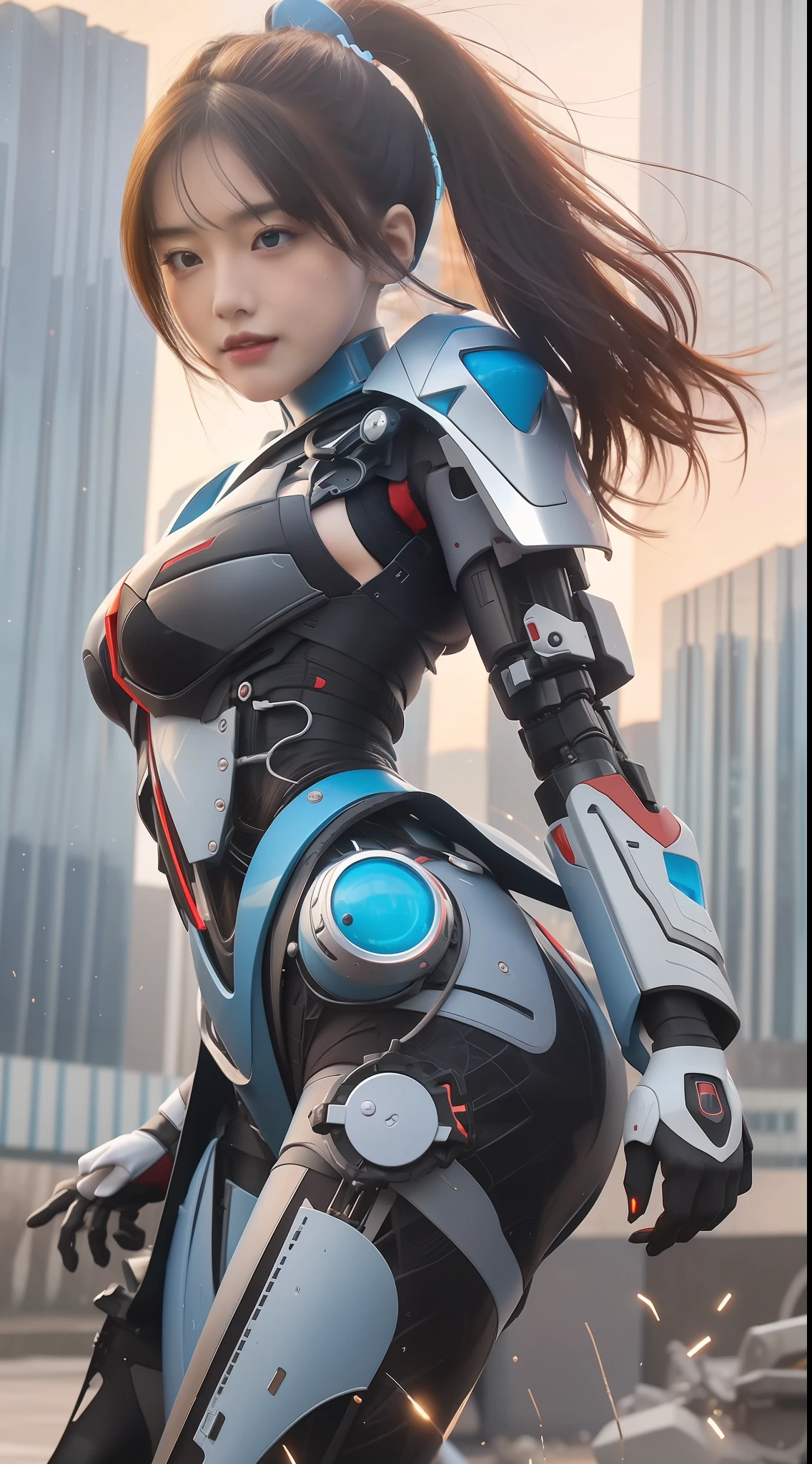 Highest Quality, Outstanding detail, 超A high resolution, (fidelity: 1.4), Best Illustration, favor details, 30-year-old mecha girl with a delicate and beautiful face, ((Blue Symborg Body: 1.8)), slim,full body Esbian,zoomout,Frontal, rubble,Ruins,Cyberpunk, Futuristic, Real Mecha、glitters、droid、s Armor、head gear、mechanical aesthetics, Complex mechanics,, Virtual Engine 5, Perfect Detail Rendering, Octane Rendering, Ultra HD、Hair flutters in the wind、flying though the air、A sexy,Giant robot behind