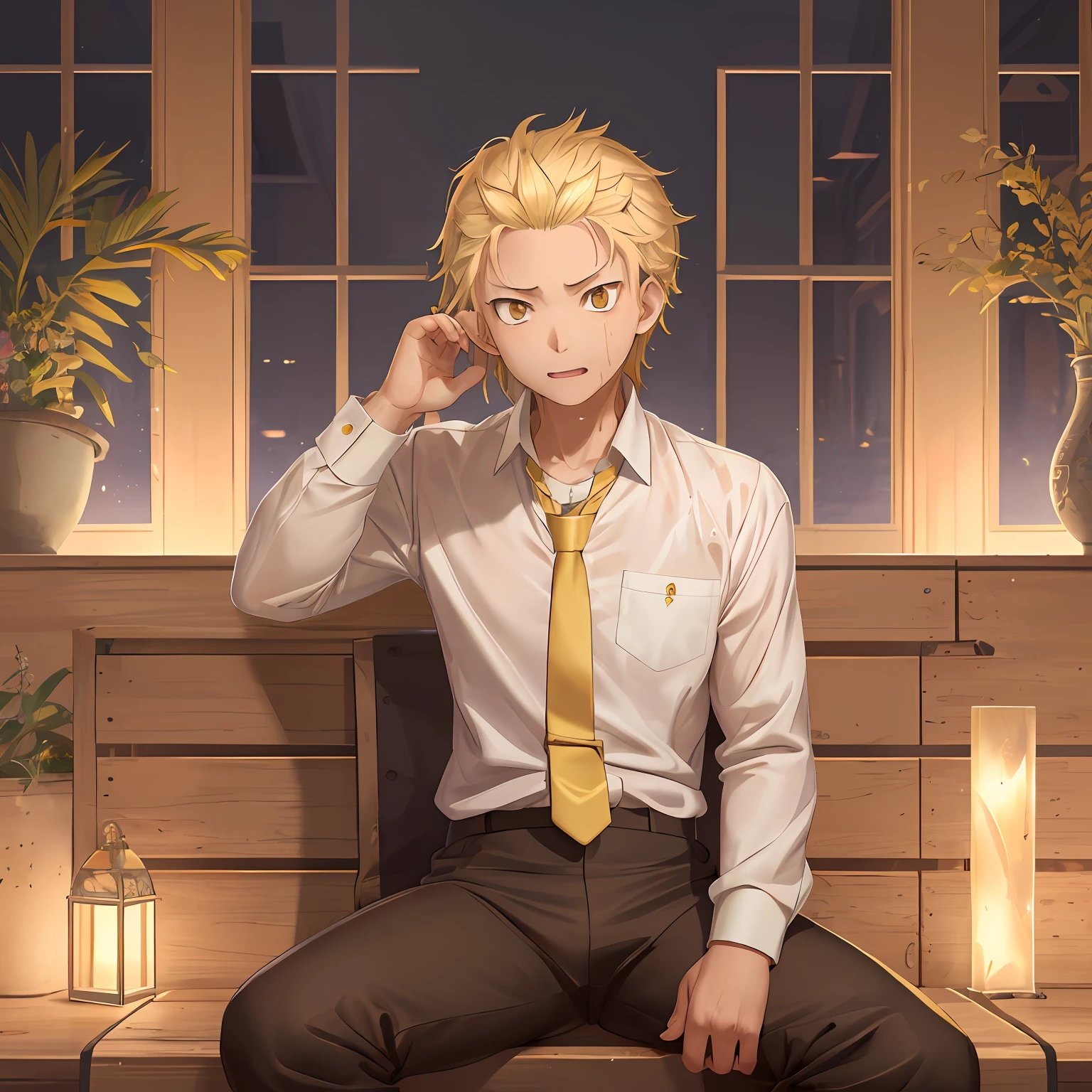 A high resolution, Sharp focus, Pixiv masterpiece, ((Complicated details)), highly detailed, natsuki_subaru, 1 man, with her mouth open,full bodyesbian,sit astride, Golden eyes(eyes glowing), blond hairbl, The shirt,Drenched,Gold tie,trousers,thongs,perspire,look from down