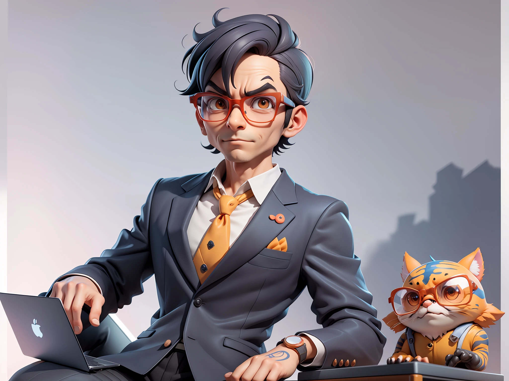 A young man in a suit, Short hair and glasses sat at his desk,holding laptop,digitial painting,tigre,3D character design by Mark Clairen and Pixar and Hayao Miyazaki and Akira Toriyama,4K HD illustration,Very detailed facial features and cartoon-style visuals。