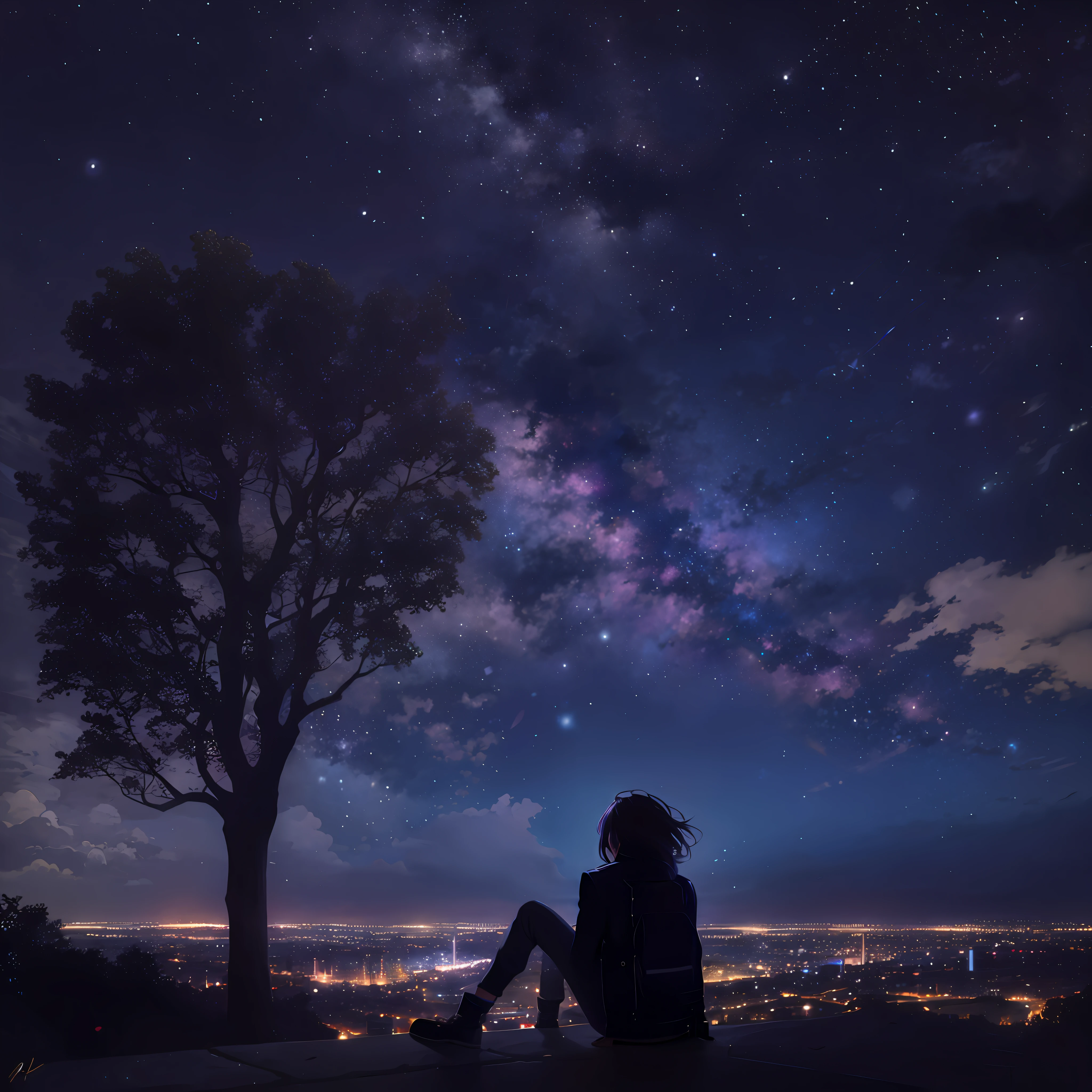 octane, sky, star (sky), landscape, starry sky, night, only child, night sky, solo, outdoor, signature, building, clouds, milky way, sitting, tree, long hair, city, silhouette, cityscape