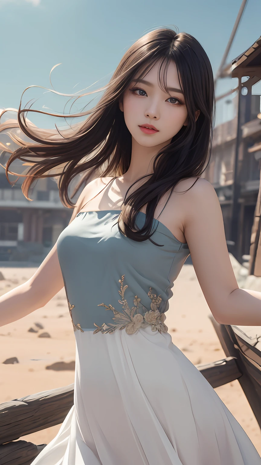 Best quality,Ultra detailed,Masterpiece,hires,8K,Extremely detailed CG unifies 8K, 8K, Diamond, and wallpaper,Photorealistic, Hyper-realistic, primitive, Intricate details,Detailed face,Detailed eyes, smooth soft skin, delicated face, large shiny eyes,1 pretty girl, 18 years old, ssmile, (Fidelity:1.2), Sexual seduction, dynamic lights, looking at viewert,46 points bangs,Sharp focus,Ethereal,concept-art。Long black bright hair,On Mars,blue color eyes,Both eyes glow,with a well-proportioned body,Chinese elegant modern beautiful girl,Beautiful white dress,The wind blows,Her beautiful black hair dances in the wind