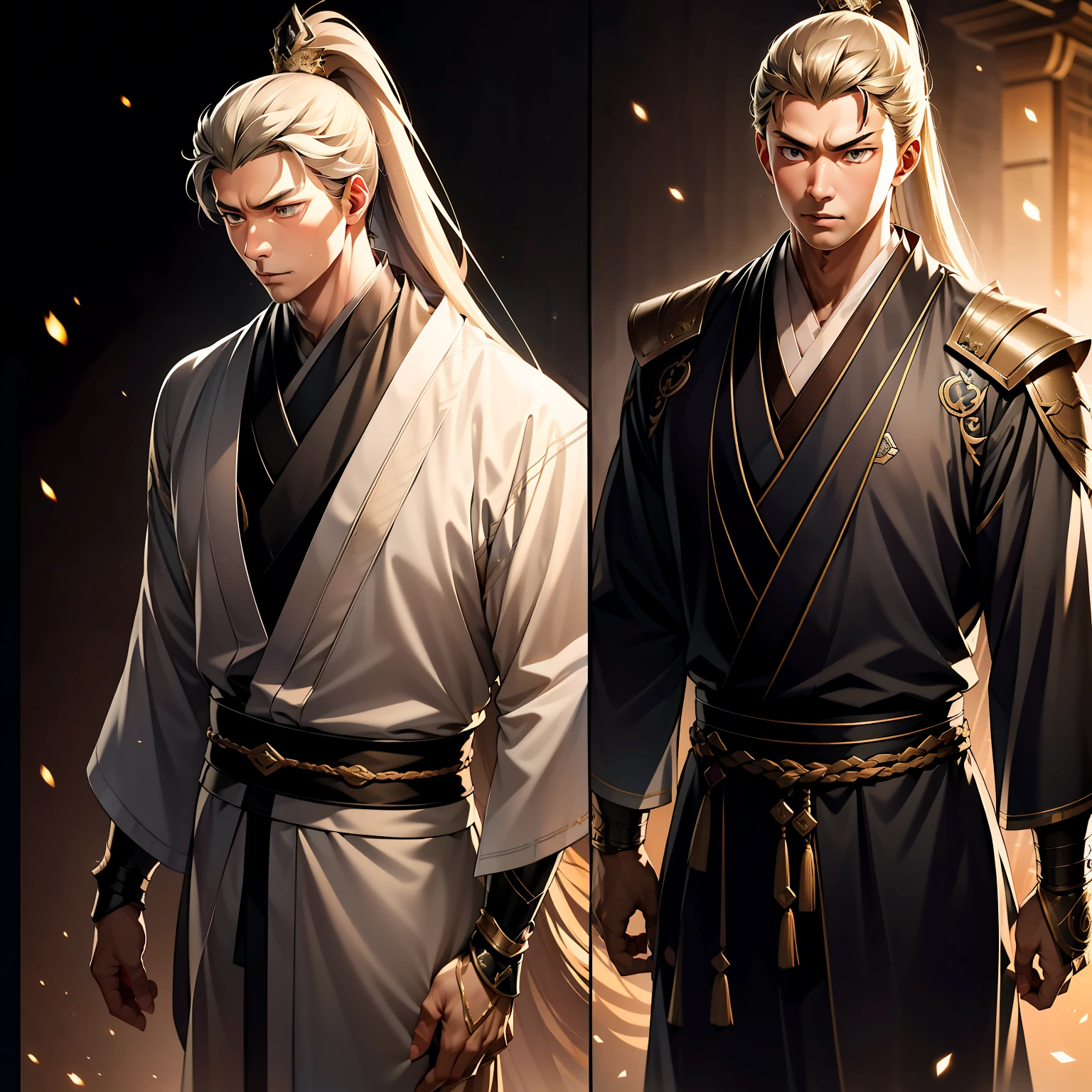 quadratic element，style of anime，mtu（Male Warrior），The proportions are correct，Face details，swordsmen，High ponytail hairstyle，Neck details，There is an Adam's apple，Black Hanfu，kaftan，Embroidered robes，Black robe，clothes details，Handing over，longer sleeves，Game quality，Swordsmanship，Light and shadow tracking，Ray traching，detailed glow，cg render，hair detail，long  white hair，Black eyes，Handsome，Handsome，（juvenile sense），Clothing is complicated，Perfectcomposition，Refinement，high qulity，higher details，Lots of details，The background is complex，a sense of atmosphere，