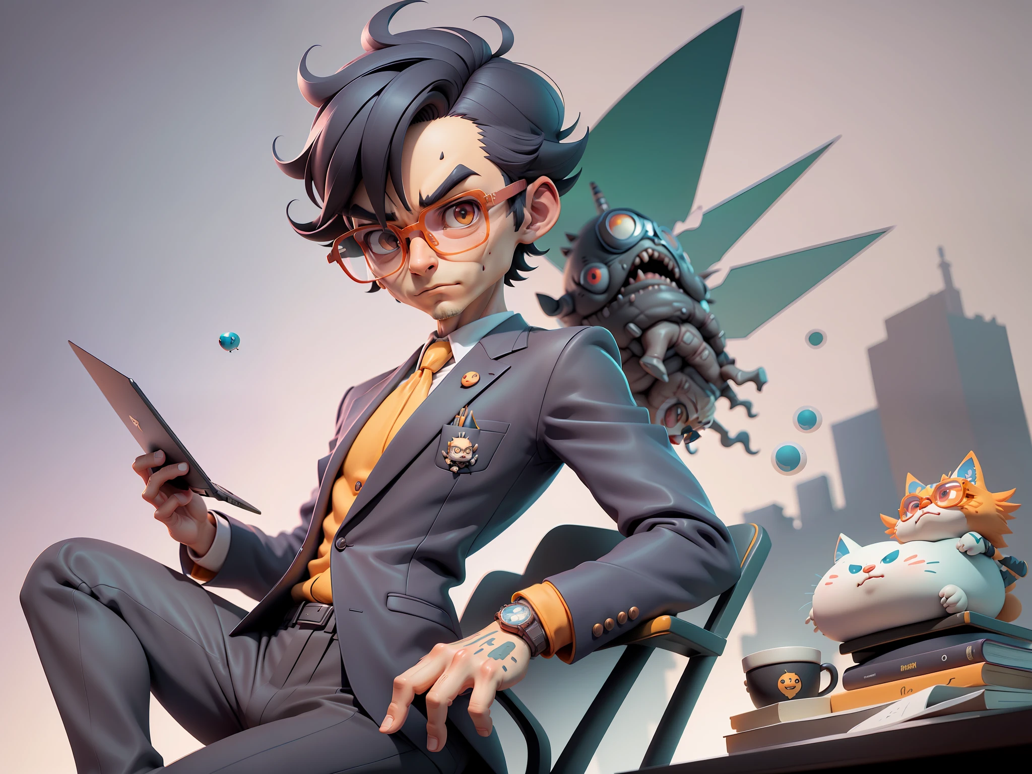 A young man in a suit, Short hair and glasses sat at his desk，holding laptop，digitial painting，tigre，3D character design by Mark Clairen and Pixar and Hayao Miyazaki and Akira Toriyama，4K HD illustration，Very detailed facial features and cartoon-style visuals。