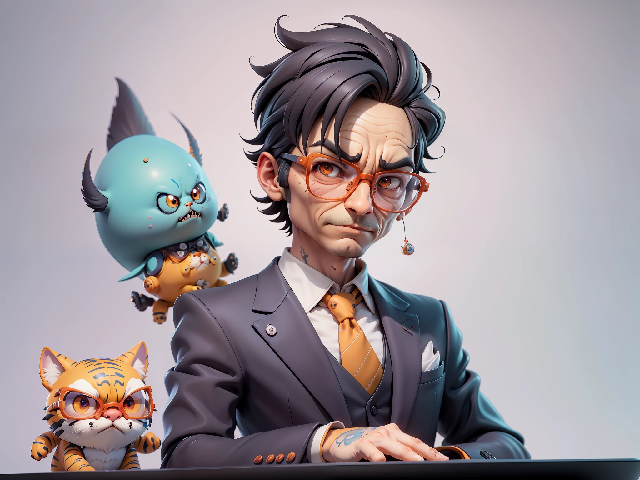 A young man in a suit, Short hair and glasses sat at his desk,holding laptop,digitial painting,tigre,3D character design by Mark Clairen and Pixar and Hayao Miyazaki and Akira Toriyama,4K HD illustration,Very detailed facial features and cartoon-style visuals。