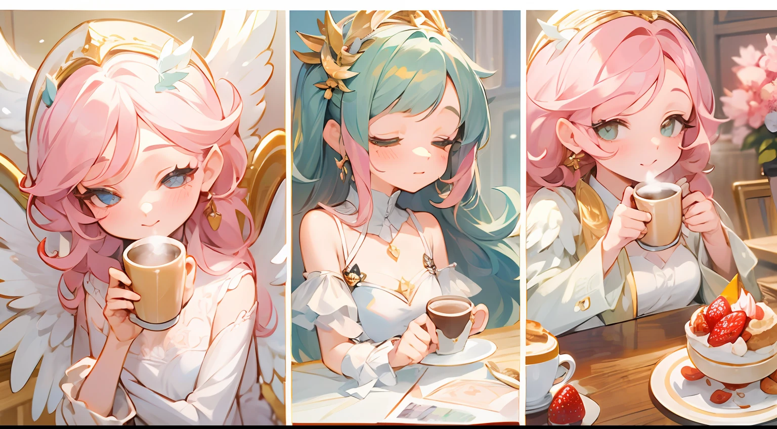 photoRealstic、Drawing of a girl with angel wings、Beautiful Angel Girl、Close one eye、Luxurious rooms in the coffee shop、Strawberry Shortcake and Coffee Set