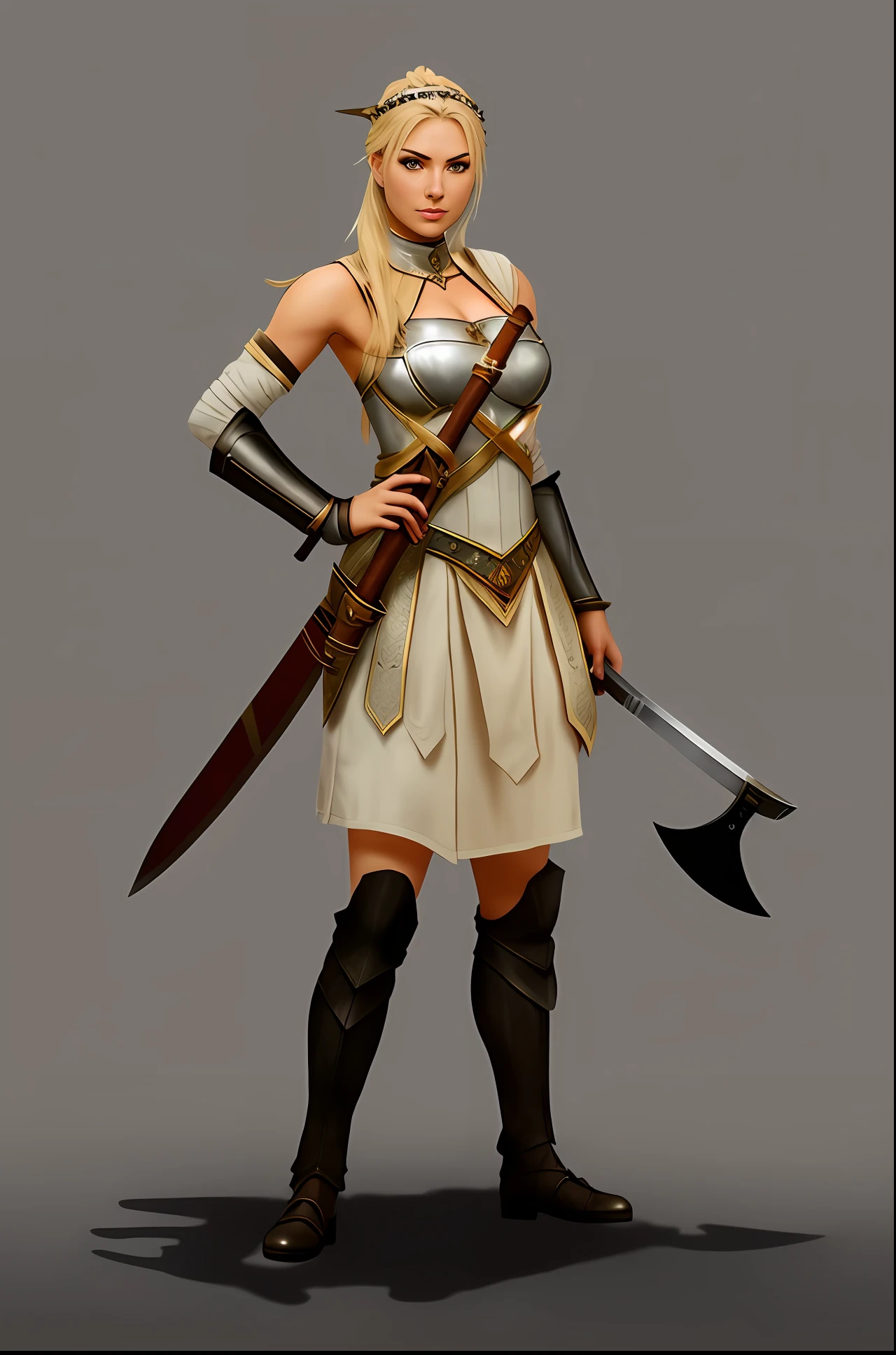 A woman in Roman breastplate holding a large axe and a sword, Guerreira jovem do norte, saia curta, pernas bonitas, pernas nuas, protection on the shins up to the knees, germanic grevas, female;, Elisha Cuthbert como um guerreiro de RPG, valkyrie style character, Guerreira do Norte, Mulher jovem, bonita, Olhos expressivos , female warrior,