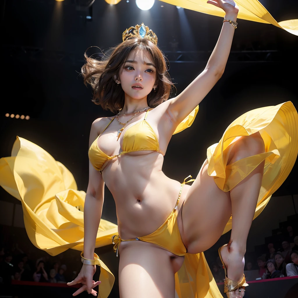 28 years old, 2 top beauties wearing bright yellow translucent ribbon bikini,With a fine crown,A large necklace of exquisite luxury,Large areas of fair skin,Hand hidden,Bigchest,Straighten up at the waist,The navel is exposed,Full buttocks,The legs are slender and feminine,Close-up of legs spread sharply,,Tight instep,Lively and charismatic。photographrealistic,Dance on stage,Large scale,tmasterpiece,The light is soft and low contrast,Photograph the face from the feet