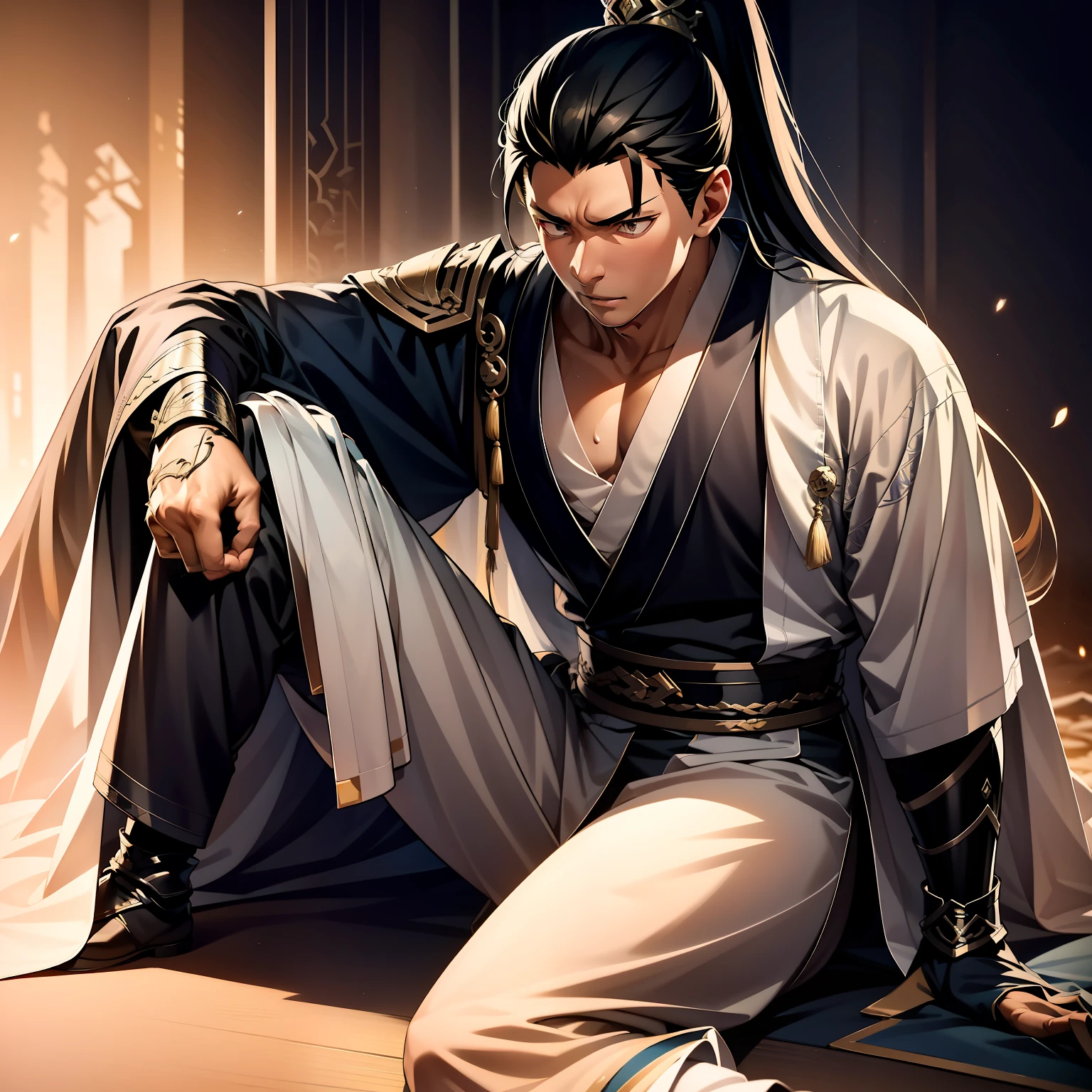 quadratic element，style of anime，mtu（Male Warrior），The proportions are correct，Face details，swordsmen，High ponytail hairstyle，Neck details，There is an Adam's apple，Black Hanfu，kaftan，Embroidered robes，Black robe，clothes details，Handing over，longer sleeves，Game quality，Swordsmanship，Light and shadow tracking，Ray traching，detailed glow，cg render，hair detail，long  white hair，Black eyes，Handsome，Handsome，（juvenile sense），Clothing is complicated，Perfectcomposition，Refinement，high qulity，higher details，Lots of details，The background is complex，a sense of atmosphere，