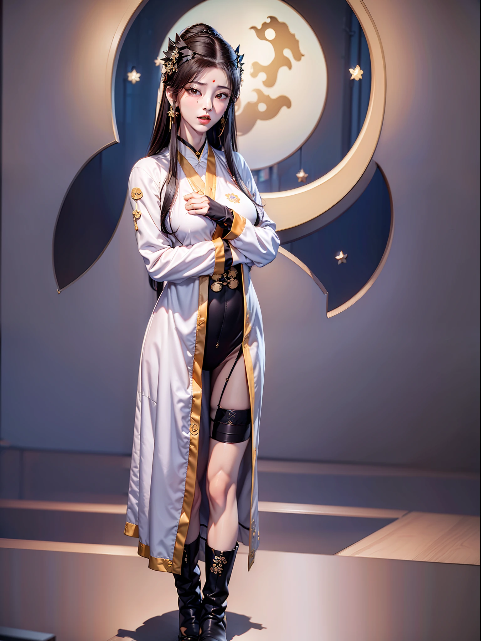 Master works, masterpieces, high quality, extreme detail, classical beauty, ((1girl)), ((black long hair)), standing, (fulbody), (Hands hidden in sleeves), (pure white Taoist robes))), ((delicate face)), (best details), ((black eyes)), ((( Taoist headdress)), ((black gloves)), ((Clench fists)), ((long Taoist boots)), sun, moon and stars background, ambitious, peach blossoms