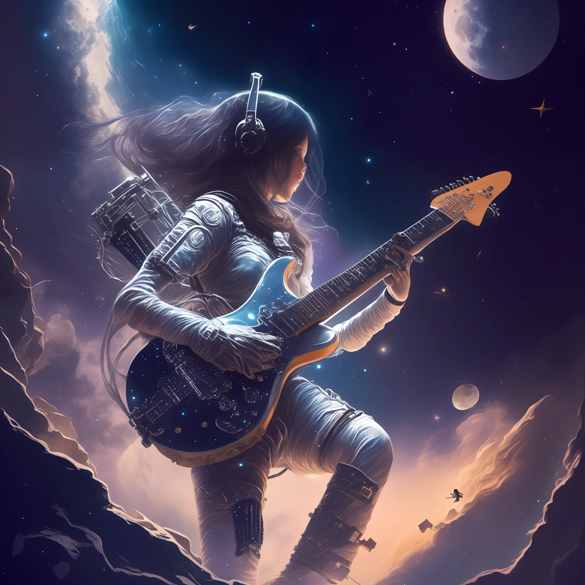 Painting of a woman playing a guitar in the sky with a full moon, girl in space, 8 0's estilo tomasz alen kopera, guitarrista, arte conceitual da guitarra, an alien musician lost in space, the girl plays the guitar, musician, fantasy space, Jen Bartel, Guilherme H. Pongiluppi, solo de guitarra
