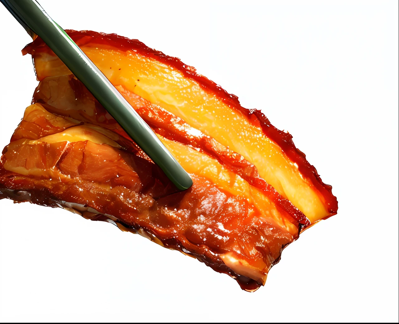 The chopsticks are placed on a piece of pork belly with sauce, Sauce, Bacon, shogakukan, Asao Urata, delicacy, hajime katoki, Pork, katsushika, kano tan'yu, ham, potato skin, very tasty, style of shuzo oshimi, sasai ukon masanao, Meat texture,commerciaphotography,Food photography