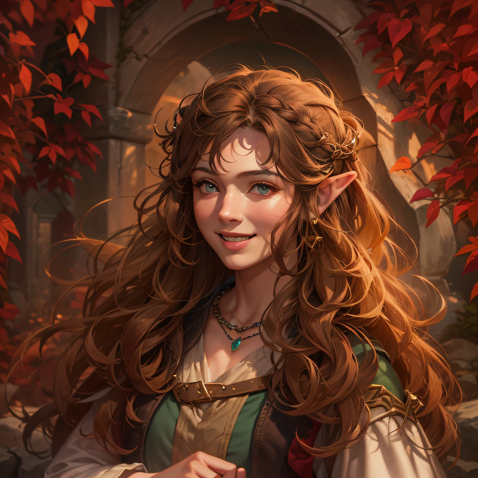 (personagem) Mulher jovem, hobbit, cabelo ruivo vermelho, feliz, sorriso. (imagem super detalhada), (granulado), (16k), (super-realista), (tema fantasia medieval), (RPG), (tema Lord of the Rings)