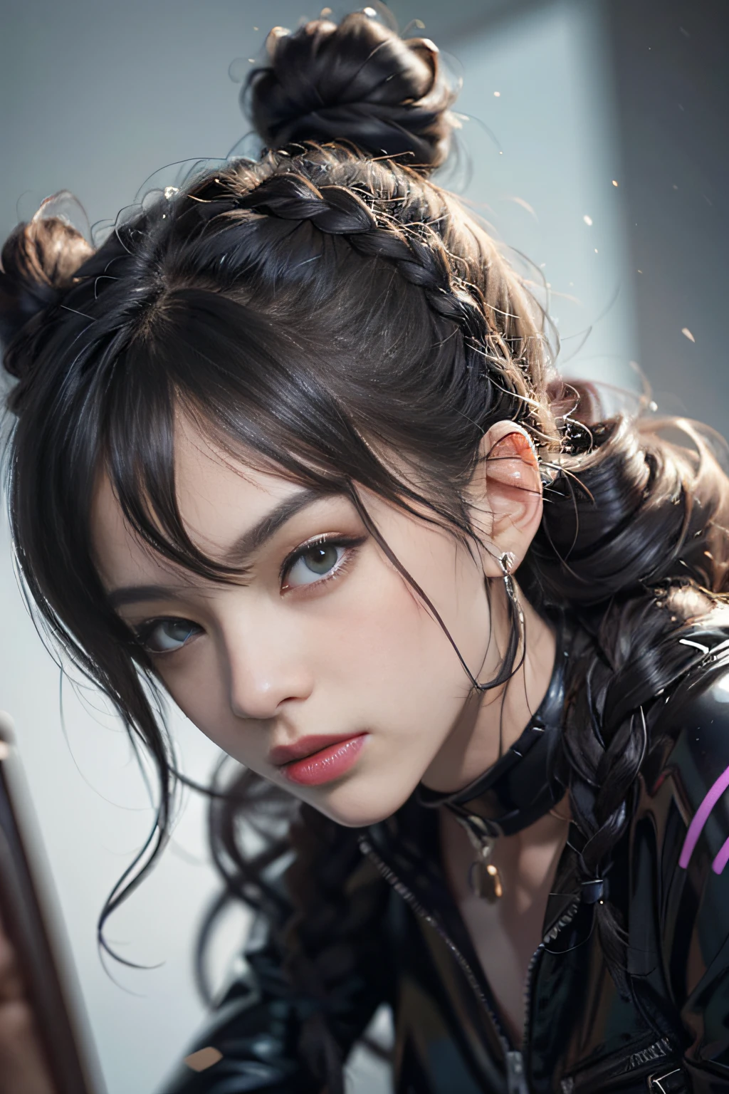 独奏、ultra fine photos、Portrait Unreal Engine 5 8K UHD Skin Tight Black Latex Costume、slick black catsuit、black iconic character、smooth black skin、Black body、PVC、some black、futuristic glossy latex suit、rubbersuit、rubber belts、collars、rubber glove、rubber high boots、arm and leg cuffs、lanyard、top-quality、​masterpiece、 Official art、统一 8k 壁纸、ultra-detailliert、foco nítido、dynamicposes、Parts of the body、No extra limbs、precisely anatomy、((Curly hair in braids、Bun１))、top-quality、​masterpiece、ultra-detailliert、foco nítido、dynamicposes、ultra fine photos、(((facial close-up)))、