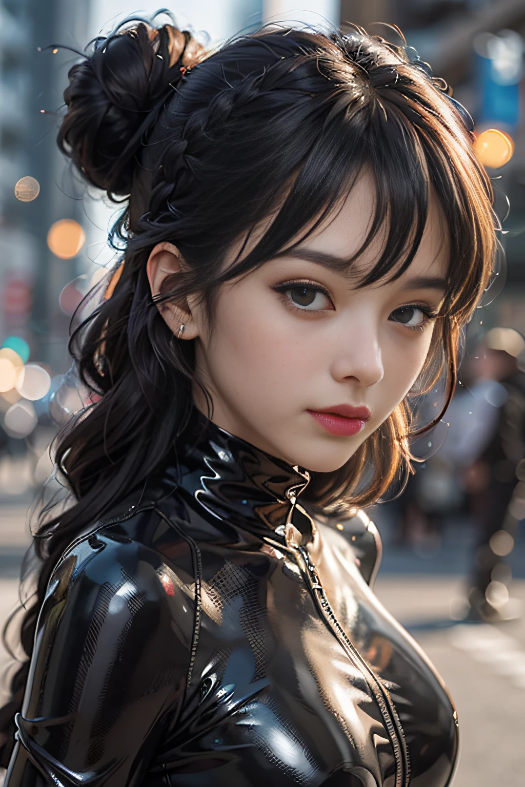 独奏、ultra fine photos、Portrait Unreal Engine 5 8K UHD Skin Tight Black Latex Costume、slick black catsuit、black iconic character、smooth black skin、Black body、PVC、some black、futuristic glossy latex suit、rubbersuit、rubber belts、collars、rubber glove、rubber high boots、arm and leg cuffs、lanyard、top-quality、​masterpiece、 Official art、统一 8k 壁纸、ultra-detailliert、foco nítido、dynamicposes、Parts of the body、No extra limbs、precisely anatomy、((Curly hair in braids、Bun１))、top-quality、​masterpiece、ultra-detailliert、foco nítido、dynamicposes、ultra fine photos、(((facial close-up)))、