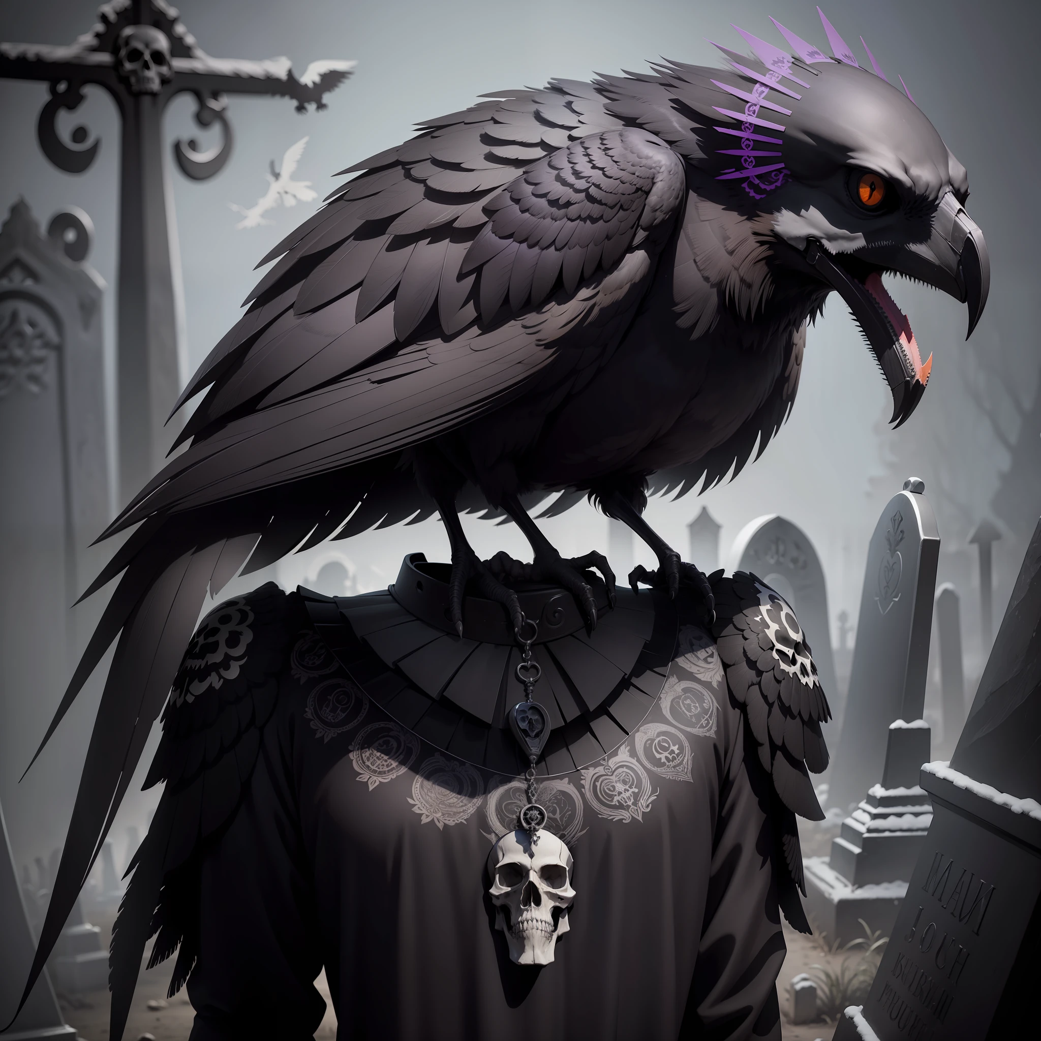 A macabre crow in a cemetery, on top of the skull of a skull, ash gray, black, dark purple, dark colors, haunting, tattoo design, geometric illustration, realistic art --q 0.25
