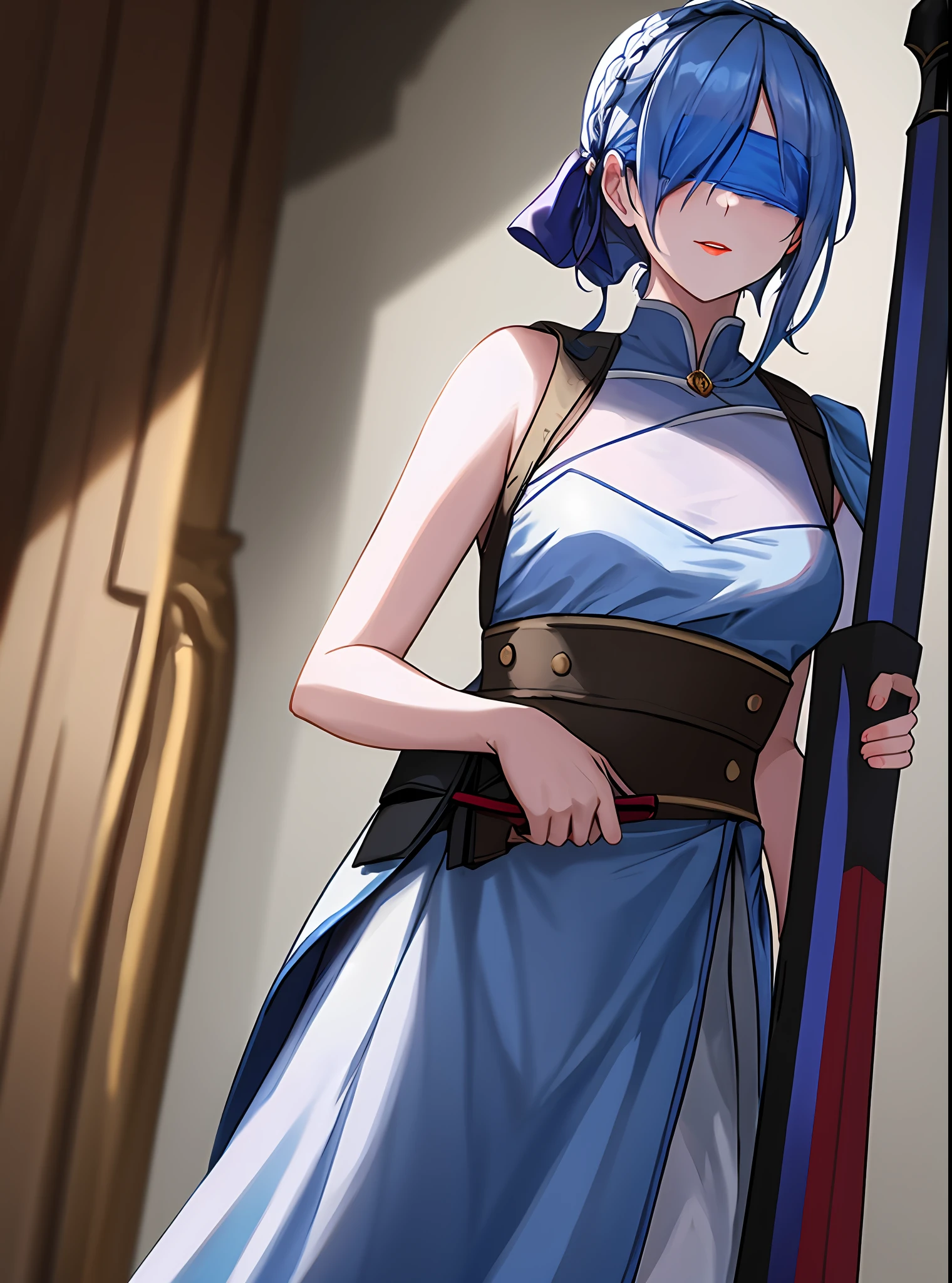 Blue ribbon blindfold that covers eyes