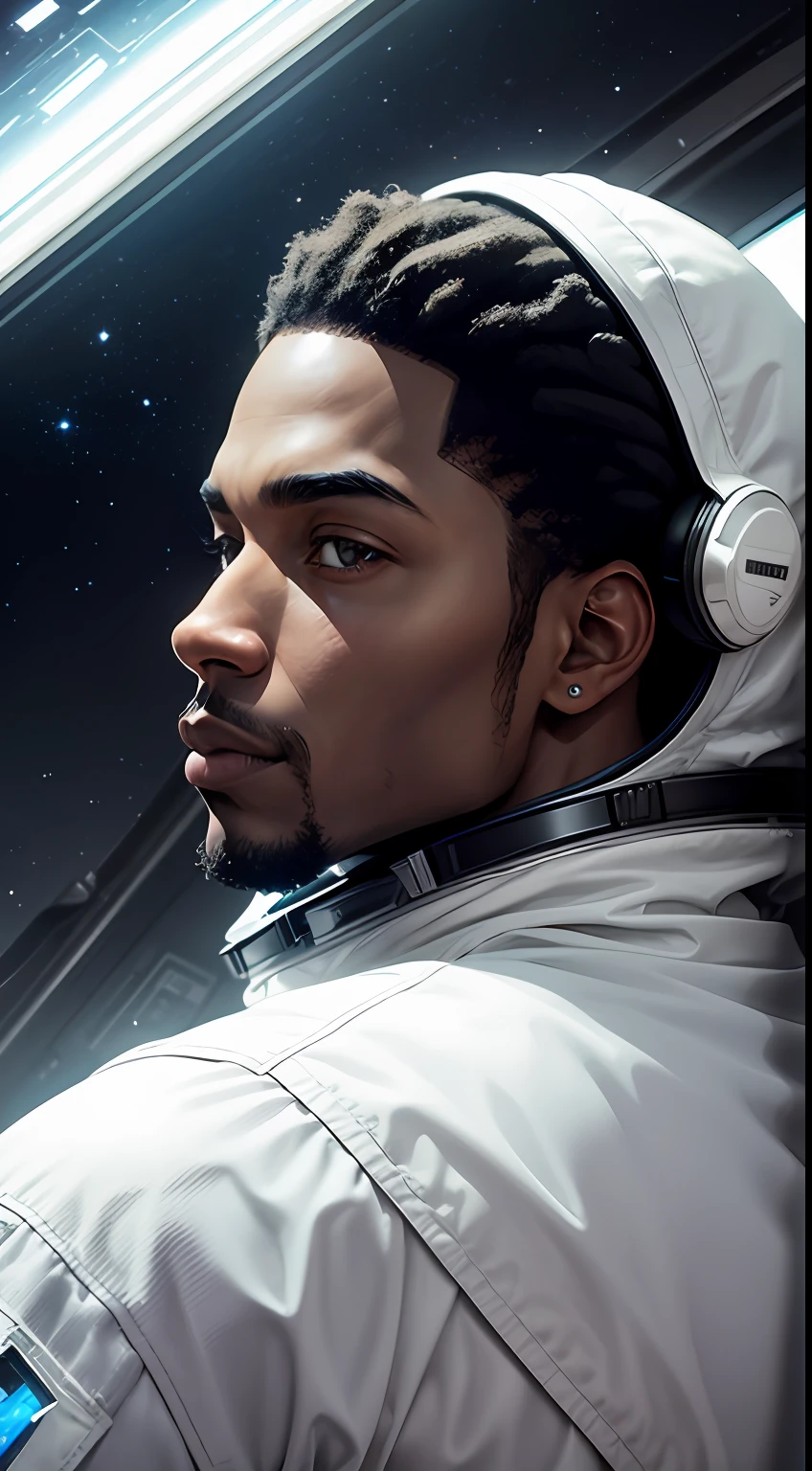 A white home, a black man in space, totally dark, with the weather, totally dark gray, no color, only black, gray and white, everything ultra realistic, an image of this man never seen, ultra realistic