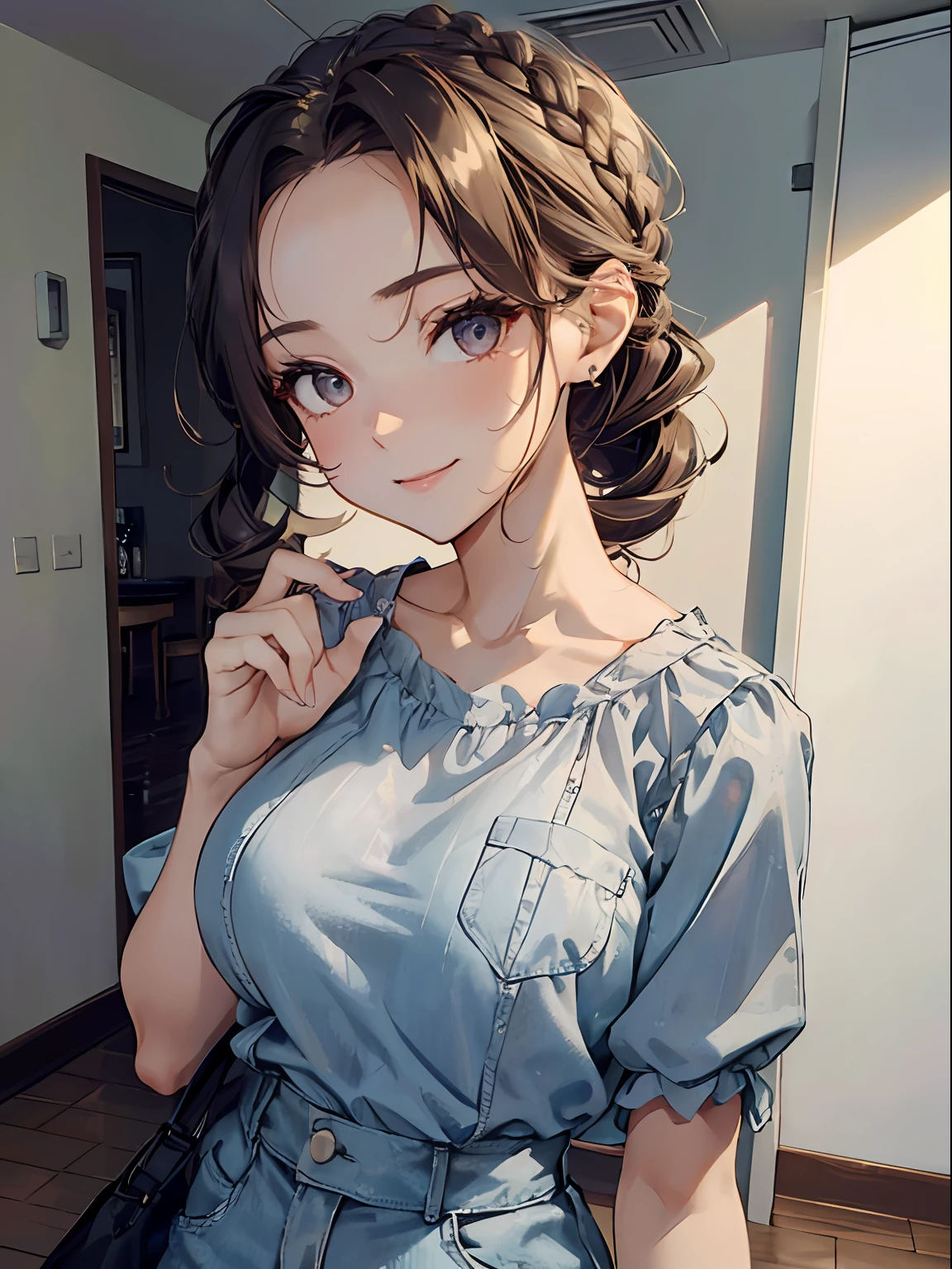 ((Best Quality, 8K, Masterpiece: 1.3)), 1girl, Slim Abs Beauty: 1.3, (Casual hairstyle, Big Breasts: 1.2), Dress: 1.1, Super fine face, Detailed eyes, Double eyelids, smile, Home, Focus