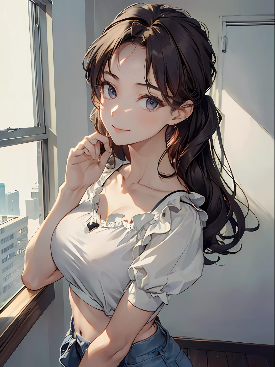 ((Best Quality, 8K, Masterpiece: 1.3)), 1girl, Slim Abs Beauty: 1.3, (Casual hairstyle, Big Breasts: 1.2), Dress: 1.1, Super fine face, Detailed eyes, Double eyelids, smile, Home, Focus