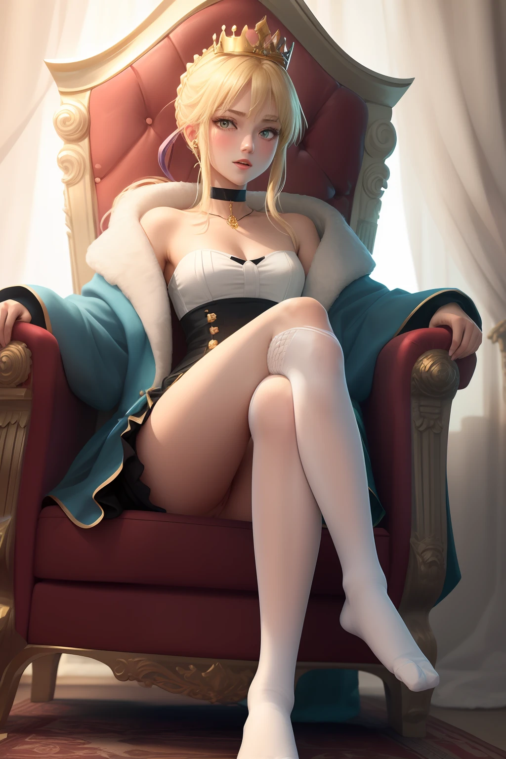 exposed ，Exposed genitals，Detailed details，Artoria Pendragon，Skinny fishnet socks,Kizi ，diadems，choker necklace，ear jewelry，sitting on an royal throne，Golden hair，Golden pupils，diadems，queen，palaces，Tulle coat，Clothes open，Gorgeous short skirt，Golden pupils，Leg to knee，with thin legs，white legwear，without wearing shoes，fresh flowers，8K，Lewd expression，Blushing，