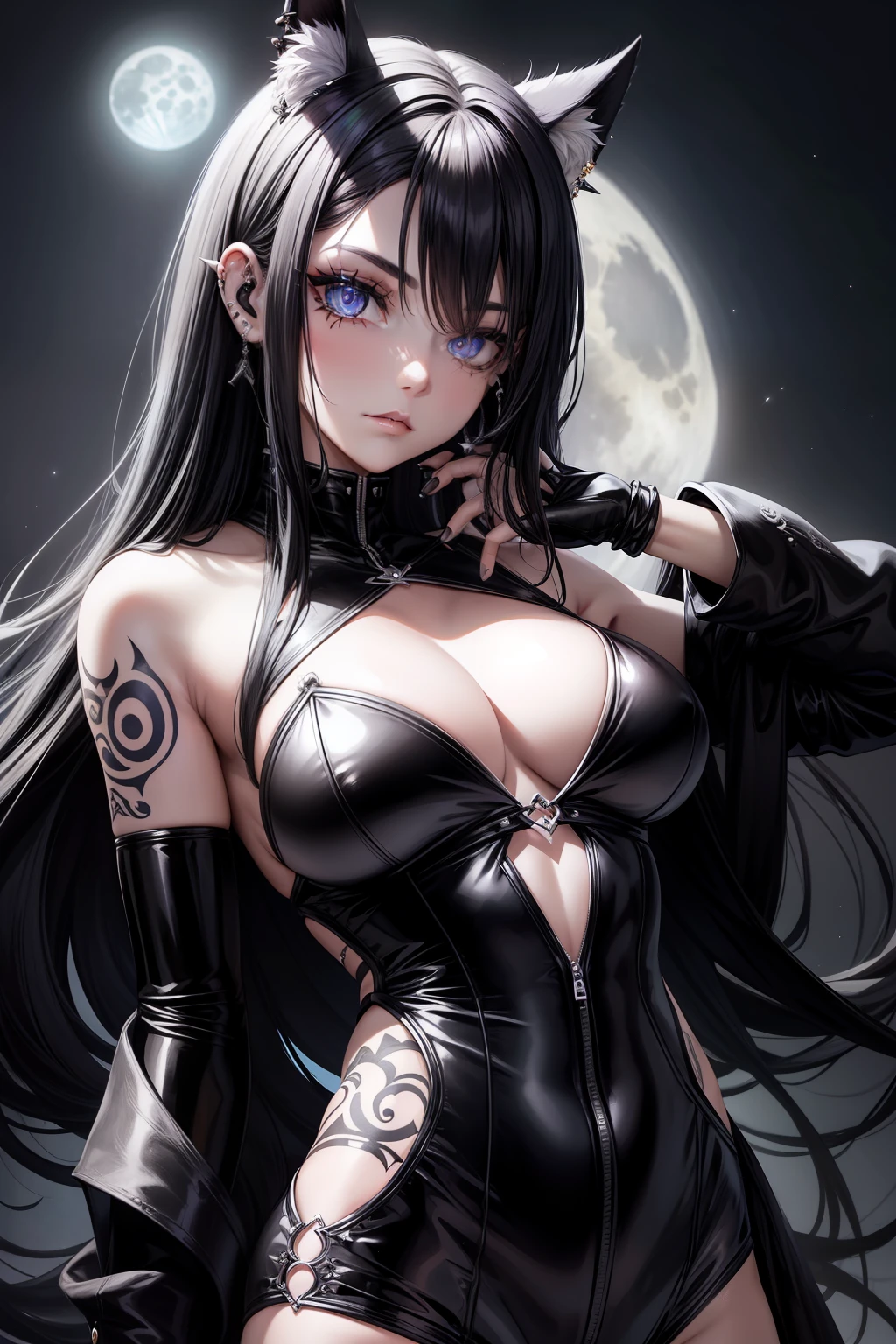 Selene undeworld, loba, Hibrido,piercings, tatuagens, tattoo de lua 🌙 na testa, black catsuit, Corcer, cabelo roxo , preto,cachos,longo, franja Loira na frente, metade a metade