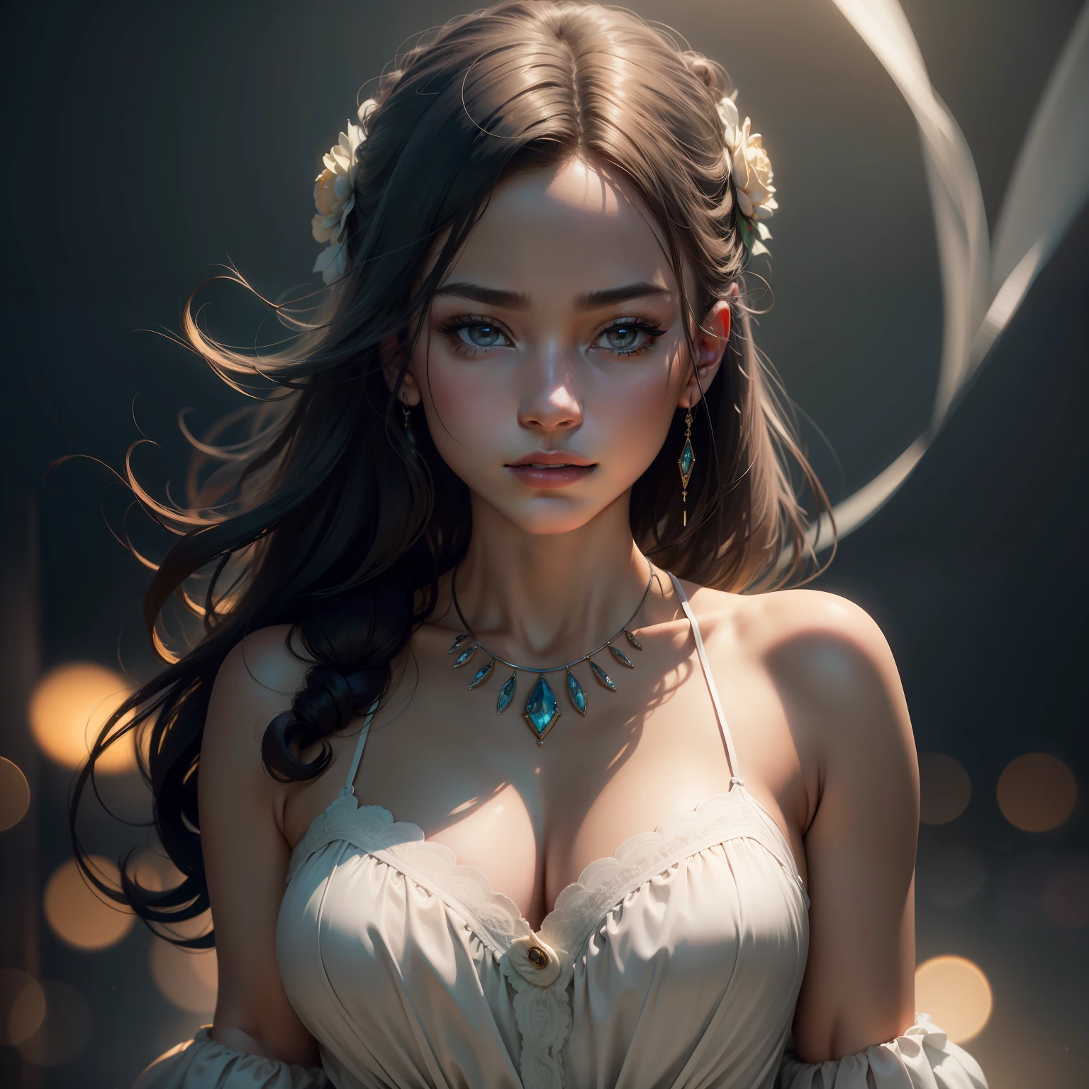 Best quality, masterpiece, high resolution, 1girl, porcelain dress, hair accessories, necklace, jewelry, beautiful face, on the body, Tyndall effect, realistic, dark studio, edge lighting, two-tone lighting, (high detail skin: 1.2), 8k UHD, dslr, soft light, high quality, volumetric light, candid, photo, high resolution, 4k, 8k, background blur,