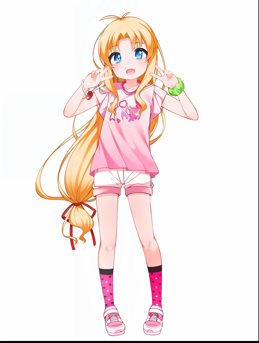 Anime girl with green apple with long blonde hair and pink shirt, Twin-tailed, pink twintail hair and cyan eyes, Anime girl named Lucy, blonde anime girl with long hair, Anime visuals of cute girls, anime vtuber full body model, !!Full body portrait!!, my dress up darling anime, Ecchi anime style, Anime Girl with Long Hair