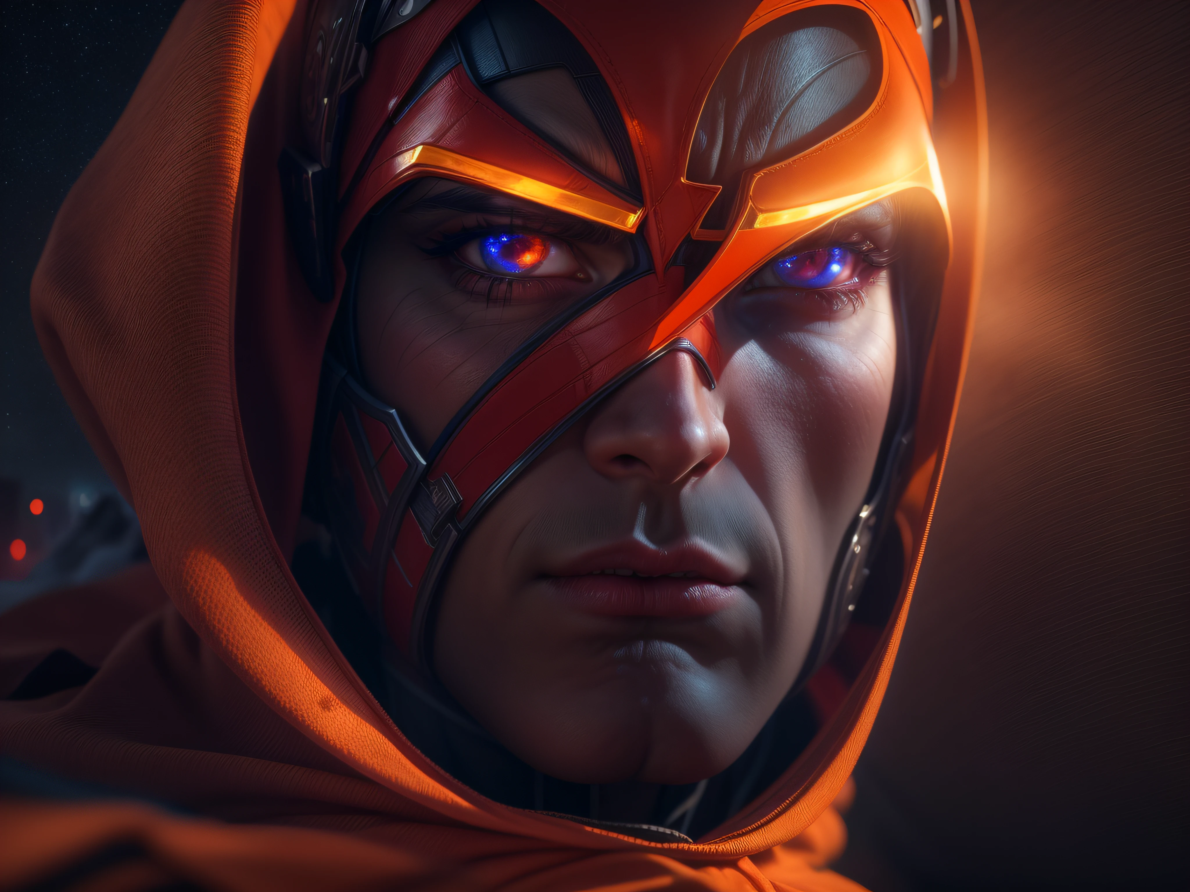 Close a powerful threat, The imposing appearance of the mighty Superman dressed in orange uniform, menacing stare, ricamente detalhado, Hiper realista, 3D-rendering, obra-prima, NVIDIA, RTX, ray-traced, Bokeh, Night sky with a huge and beautiful full moon, estrelas brilhando, 8k,