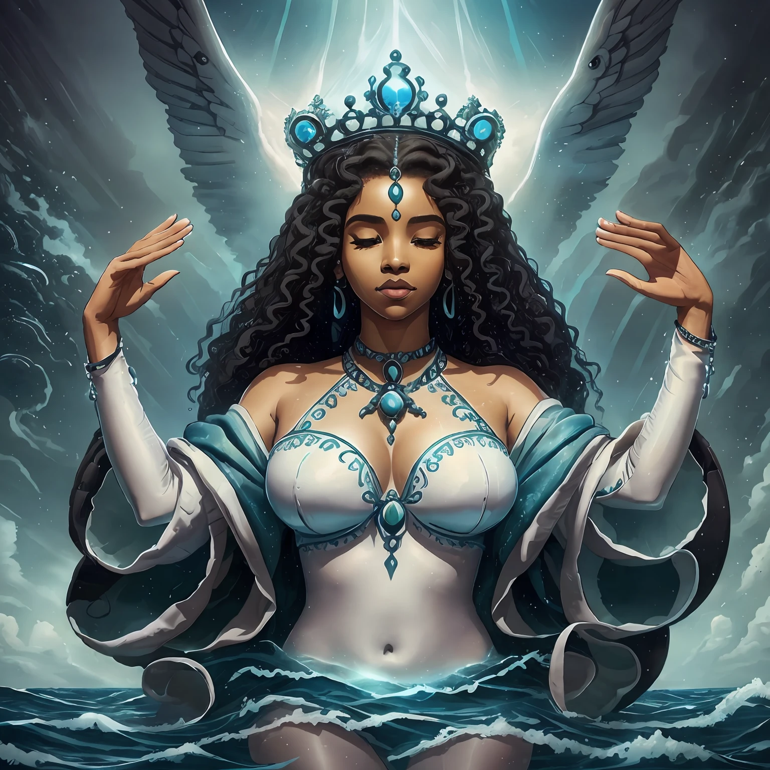 Iemanjá, the Orisha of the oceans and seas, is a deity revered for his majesty and serenity. Her skin is black as night, and her curly hair displays a natural crown. His gaze is deep, conveying calm and compassion. Her breasts are full, symbolizing her motherly nature. Dressed in a white tunic, with a sky-blue robe, powerful and welcoming. Her arms reach out, offering protection and guidance to those who seek her. Its essence evokes the energy of the waters, the ancestral wisdom and the beauty of black femininity. Perfect hands with only 5 fingers on each.