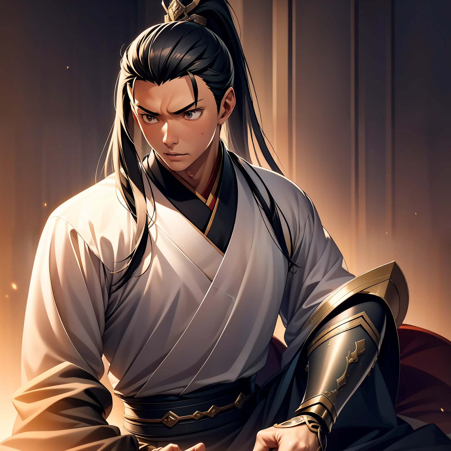 quadratic element,style of anime,mtu(Male Warrior),The proportions are correct,Face details,swordsmen,High ponytail hairstyle,Neck details,There is an Adam's apple,Black Hanfu,kaftan,Embroidered robes,Black robe,clothes details,Handing over,longer sleeves,Game quality,Swordsmanship,Light and shadow tracking,Ray traching,detailed glow,cg render,hair detail,long white hair,Black eyes,Handsome,Handsome,(juvenile sense),Clothing is complicated,Perfectcomposition,Refinement,high qulity,higher details,Lots of details,The background is complex,a sense of atmosphere,