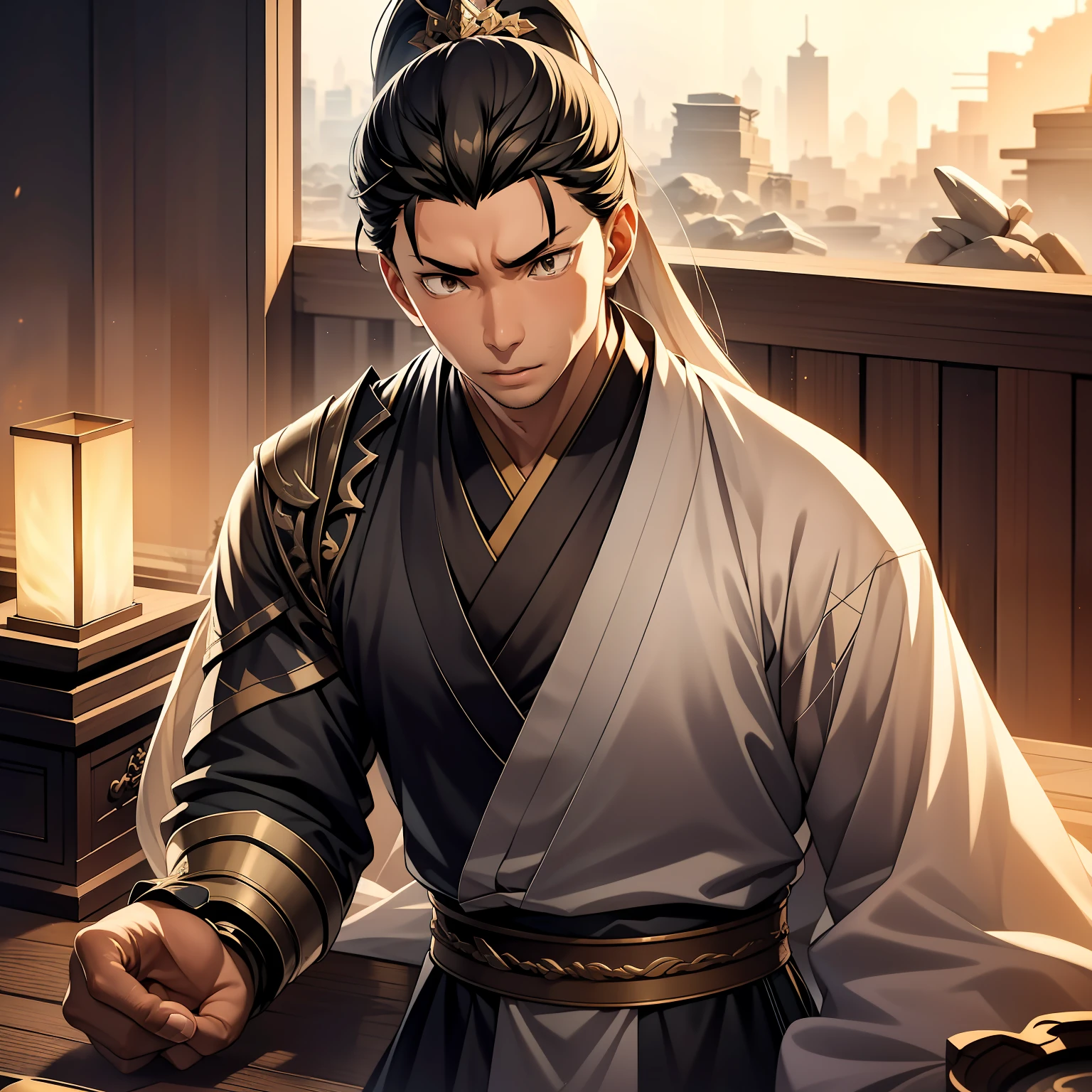 quadratic element,style of anime,mtu(Male Warrior),The proportions are correct,Face details,swordsmen,High ponytail hairstyle,Neck details,There is an Adam's apple,Black Hanfu,kaftan,Embroidered robes,Black robe,clothes details,Handing over,longer sleeves,Game quality,Swordsmanship,Light and shadow tracking,Ray traching,detailed glow,cg render,hair detail,long white hair,Black eyes,Handsome,Handsome,(juvenile sense),Clothing is complicated,Perfectcomposition,Refinement,high qulity,higher details,Lots of details,The background is complex,a sense of atmosphere,