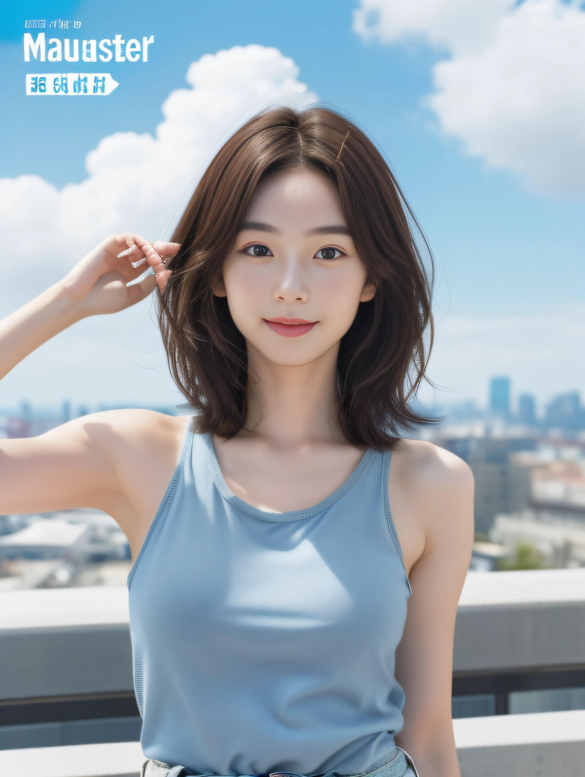 ​masterpiece、hightquality、looking at viewert、blue open sky、white clouds、A city scape、8K、masuter piece、JPNIDOL、1girl in、Idol magazine cover、Beautiful model with brown hair at 26 years old、model poses、look at a camera、Tank tops、Denim Shorts、More hair、Eye for detail、More nose、Mouth of details、Body Details、Background of details
