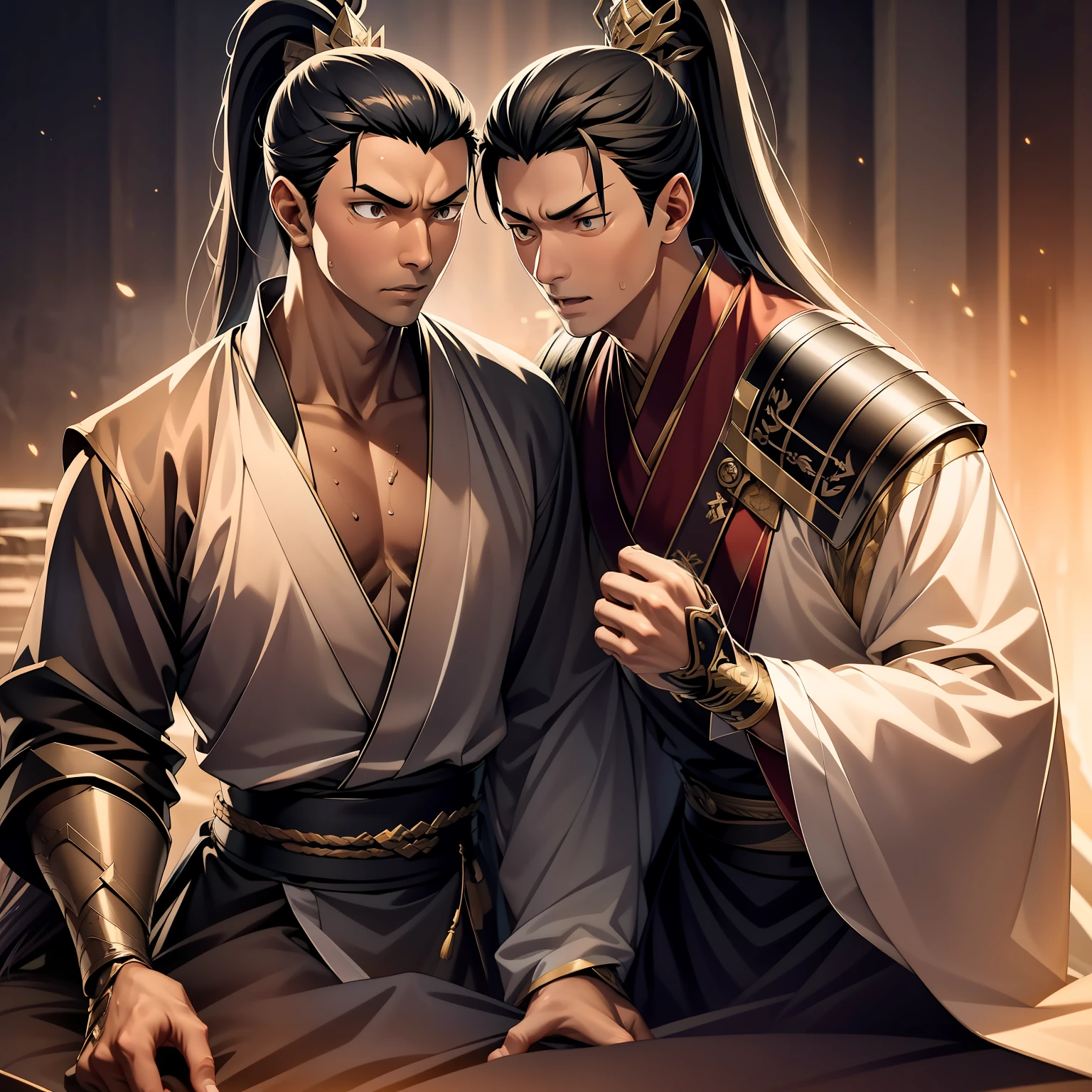 quadratic element，style of anime，mtu（Male Warrior），The proportions are correct，Face details，swordsmen，High ponytail hairstyle，Neck details，There is an Adam's apple，Black Hanfu，kaftan，Embroidered robes，Black robe，clothes details，Handing over，longer sleeves，Game quality，Swordsmanship，Light and shadow tracking，Ray traching，detailed glow，cg render，hair detail，long  white hair，Black eyes，Handsome，Handsome，（juvenile sense），Clothing is complicated，Perfectcomposition，Refinement，high qulity，higher details，Lots of details，The background is complex，a sense of atmosphere，
