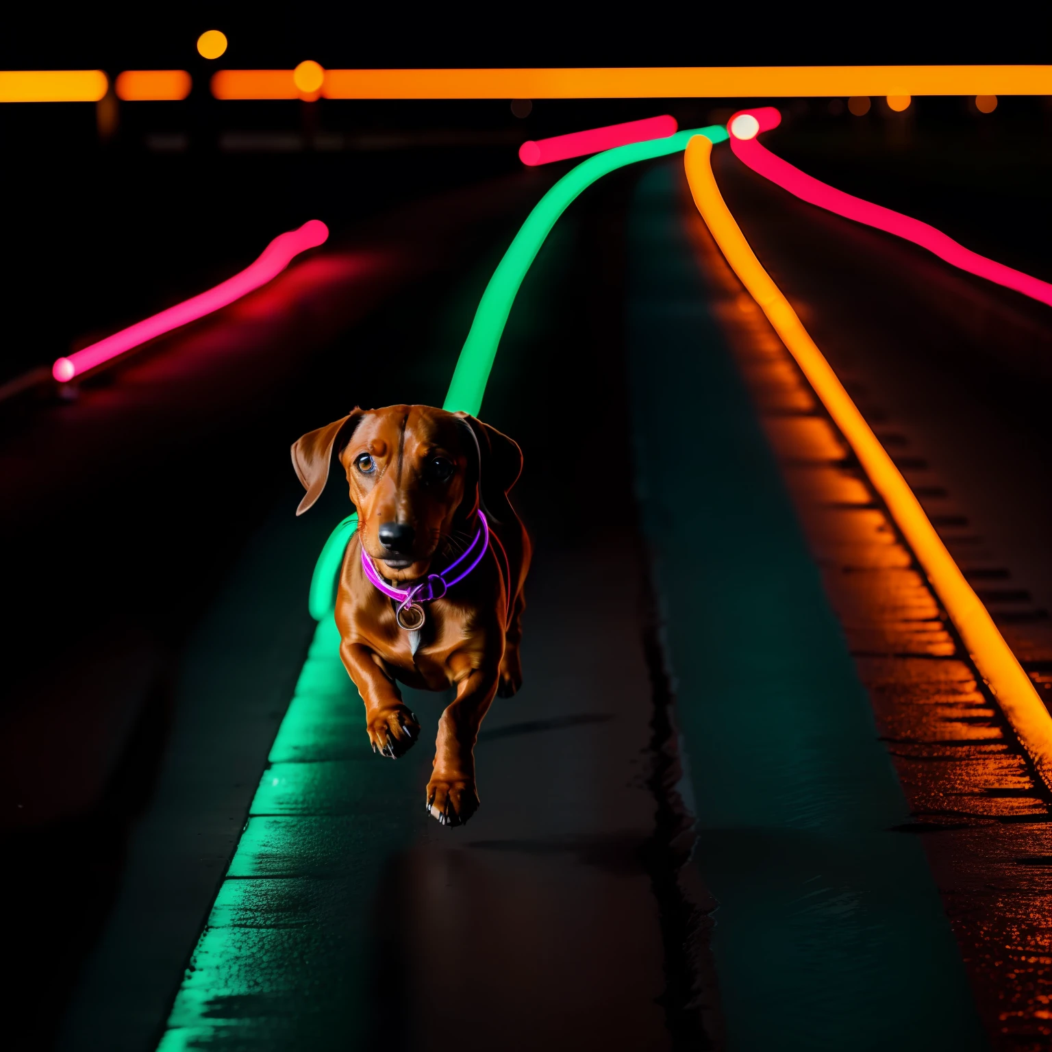 Dachshund running neon scenery