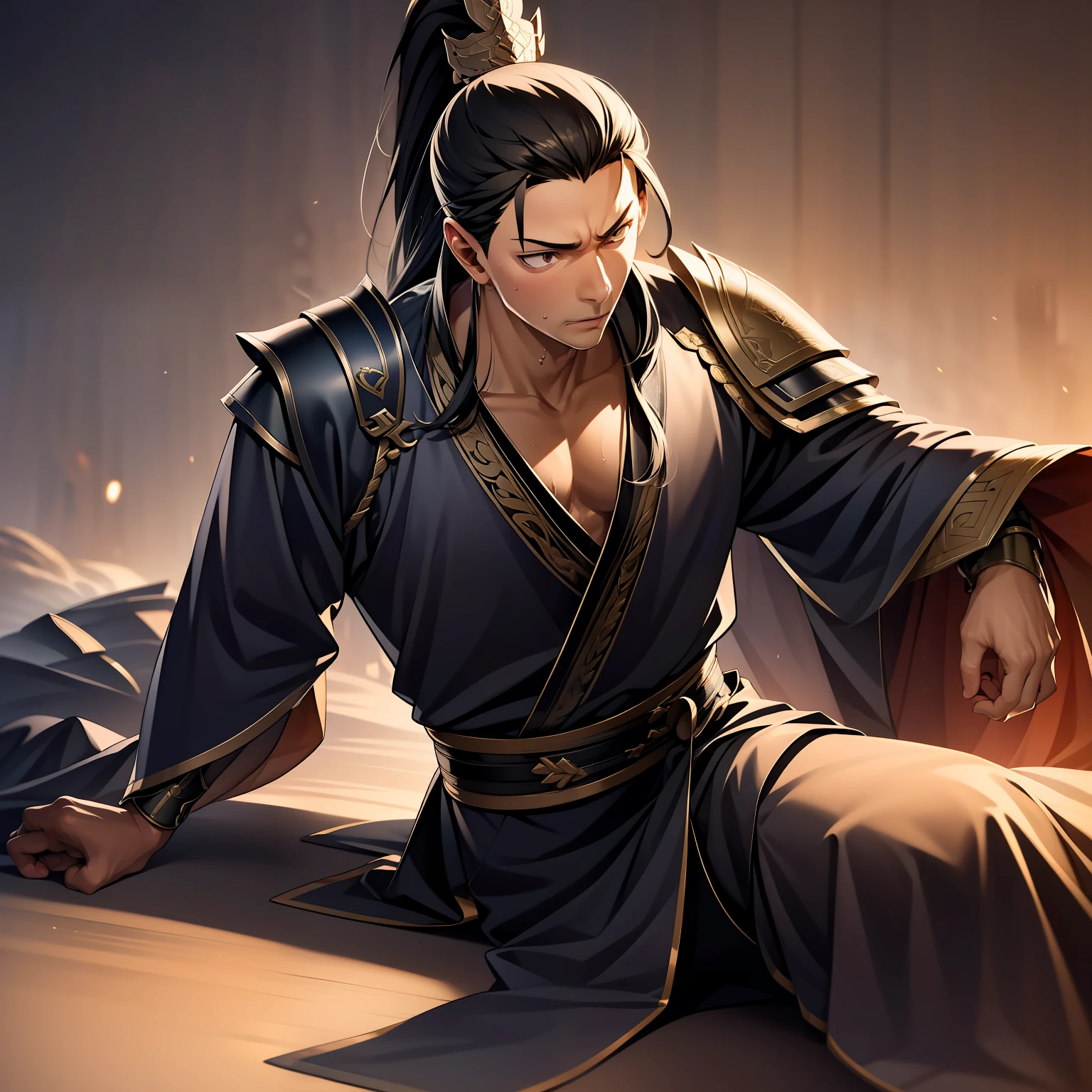 quadratic element,style of anime,mtu(Male Warrior),The proportions are correct,Face details,swordsmen,High ponytail hairstyle,Neck details,There is an Adam's apple,Black Hanfu,kaftan,Embroidered robes,Black robe,clothes details,Handing over,longer sleeves,Game quality,Swordsmanship,Light and shadow tracking,Ray traching,detailed glow,cg render,hair detail,long white hair,Black eyes,Handsome,Handsome,(juvenile sense),Clothing is complicated,Perfectcomposition,Refinement,high qulity,higher details,Lots of details,The background is complex,a sense of atmosphere,