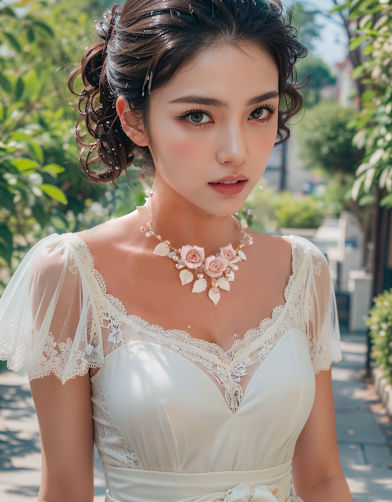 Photojournalism, RAW professional photography, masterpiece, best quality, dslr, extremely detailed, dslr, HDR, Canon 6D Mark, smooth sharp focus, illustration, cinematic portrait, cinematic lighting, happy Mode, 1 handsome elegant woman wearing in cream lace luxury shiffon feminine dress, light Pink dress, Walking down a summer street, live-like textured hair, extremely detailed curly hair, pompadour hairstyle , wet natural smooth skin texture, tanned skin, emotionally, detailed face, detailed green eyes, sharp eyebrows, detailed lips, facial contouring, cinematic realistic shaded, trending on artstation, cgsociety, art by artgerm and greg rutkowski, ruan jia, bokeh background