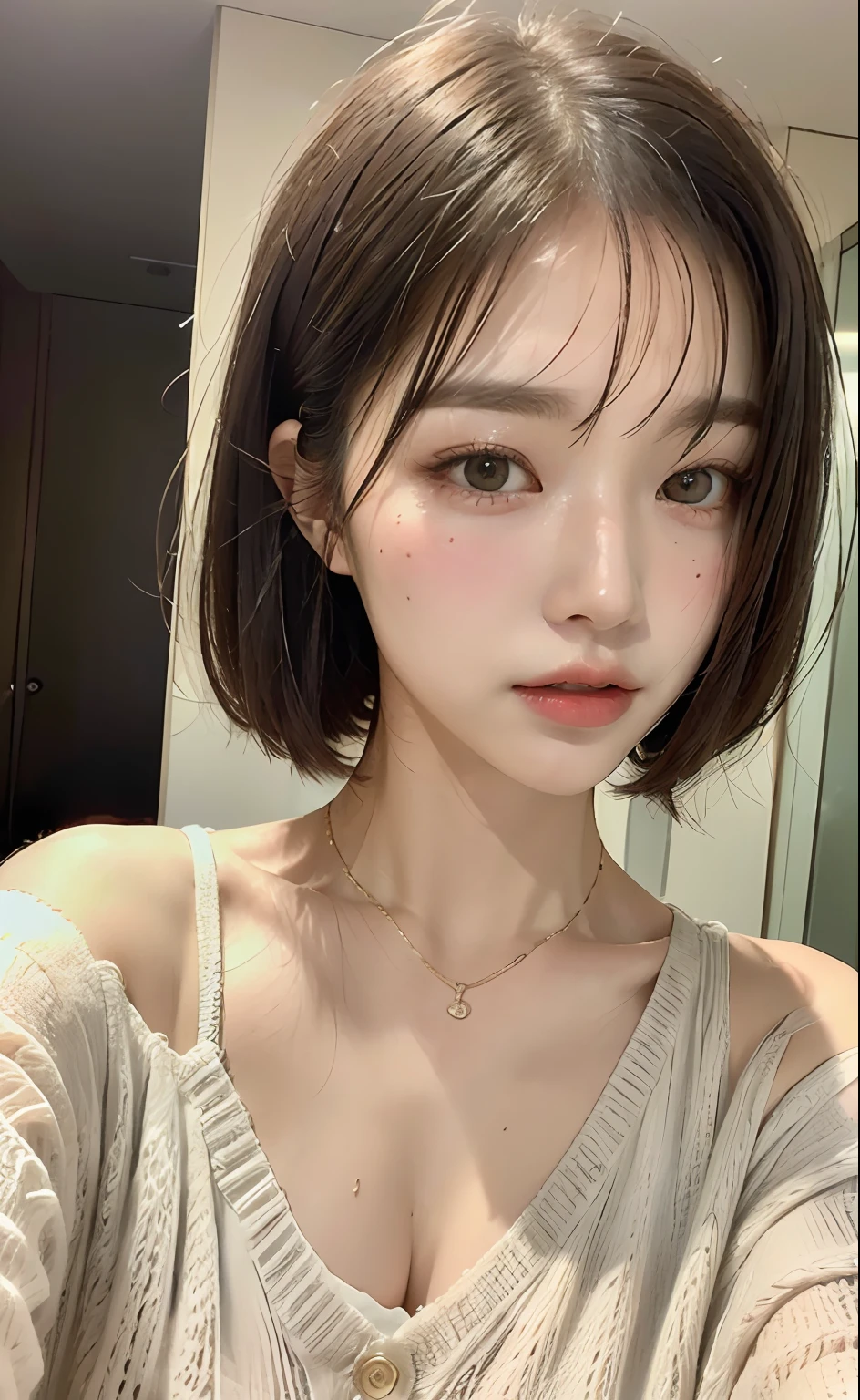 ((top-quality、8K、​masterpiece:1.3))、Beautuful Women、1girl in、(cute little)、Slender Abs:1.1、Party Dresses、((short-hair))、hyperdetailed face、very detailed lips、A detailed eye、二重まぶた、(well-groomed bangs.1.3)、dark brown  hair、big eye、enticing lips、The corners of the mouth rise、Black eye、Luxurious room、cute wan asian face, the face of a beautiful Japanese girl, with short hair with bangs,, white hime cut hairstyle、Slender eyes、Cardigan、off shoulders、