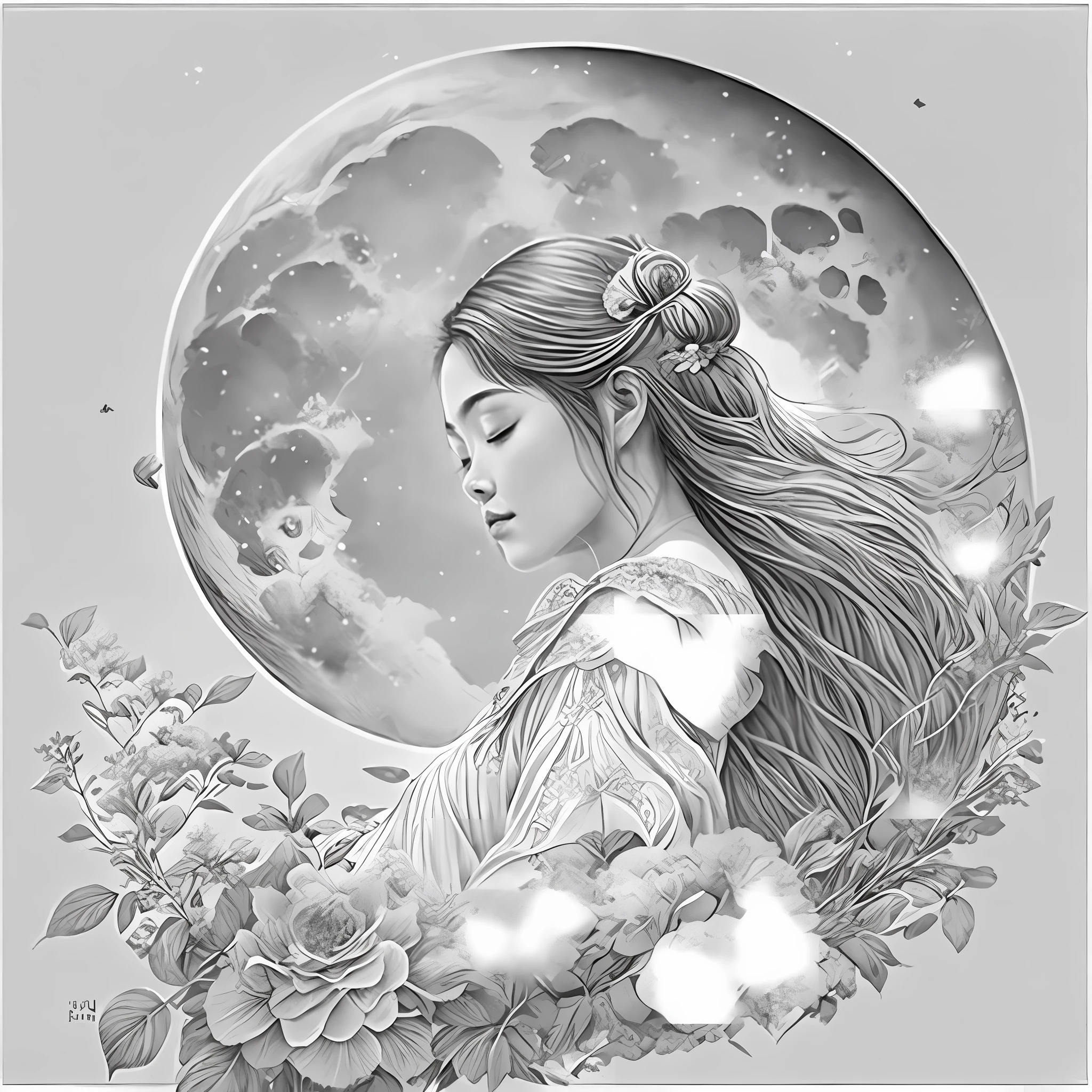 um desenho de uma mulher com cabelos longos e flores em frente a uma lua cheia, a beautiful artwork illustration, Directed by: Ni Zan, Directed by: Ni Duan, Deusa da Lua, Deusa da Lua, Directed by: Jin Nong, por Yang J, Directed by: Eddie Mendoza, por Ni Tian, Directed by: Kim Hwan-gi, Directed by: Ju Lian, inspirado em Yeong-Hao Han