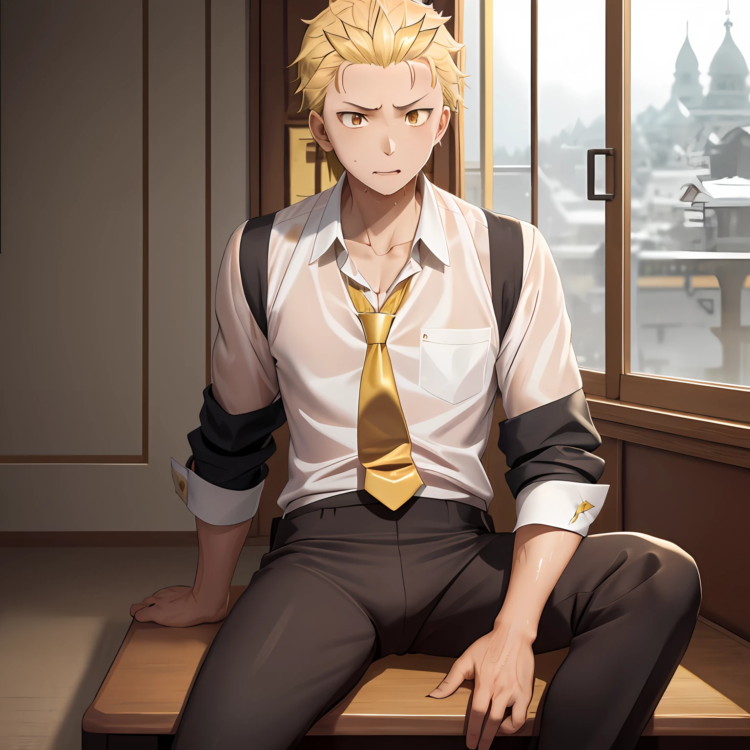 A high resolution， Sharp focus， Pixiv masterpiece， （（Complicated details））， highly  detailed， natsuki_subaru， 1 man， with her mouth open，full bodyesbian，sit astride， Golden eyes（eyes glowing）， blond hairbl， The shirt，Drenched，Gold tie，trousers，thongs，perspire，look from down