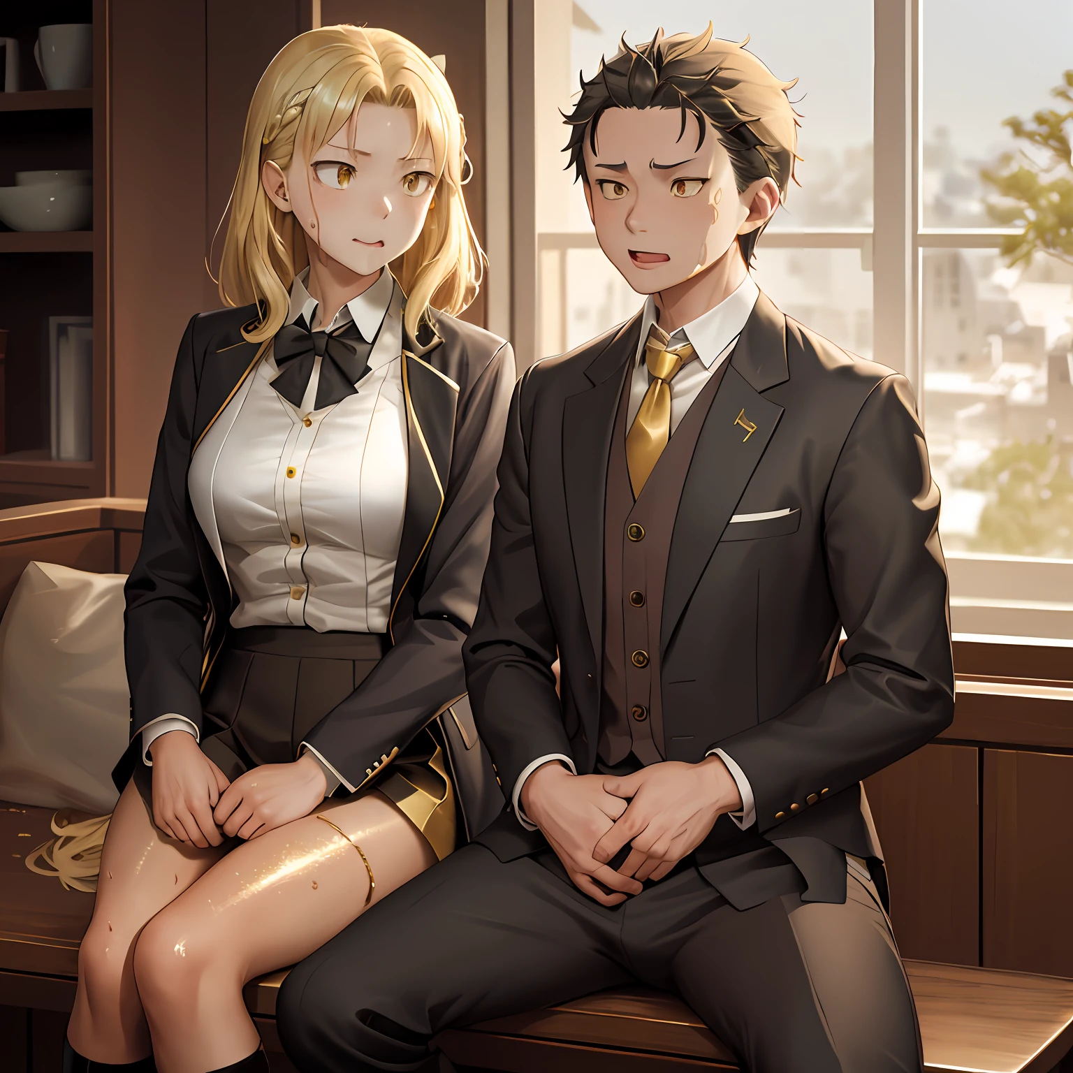 A high resolution, Sharp focus, Pixiv masterpiece, ((Complicated details)), highly detailed, natsuki_subaru, 1 man, with her mouth open,full bodyesbian,sit astride, Golden eyes(eyes glowing), blond hairbl, The shirt,Drenched,Gold tie,trousers,thongs,perspire,look from down