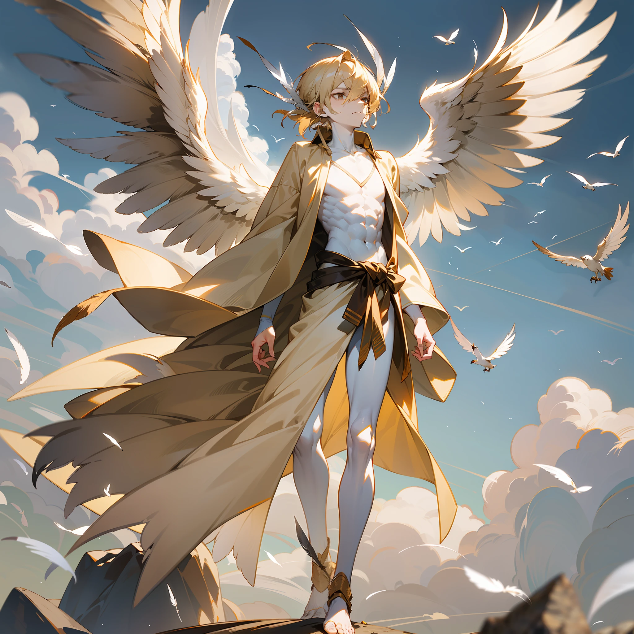 young man, (twink), (male), (((slim body))), (((flat chest))), slim waist, ((pale skin)), ((beige colored hair)), (((beige hair))), ((beige feathers)), ((brown feathers)), white feathers, (birds), owls, doves, standing on top of a tall mountain, white ribbons wrapped around body, transparent fabric, wearing only white fabric and feathers, feathered god, ((wings on his back)), clouds below, (standing on top of a pointy rock), ((wearing white toga)), (feather accessories)