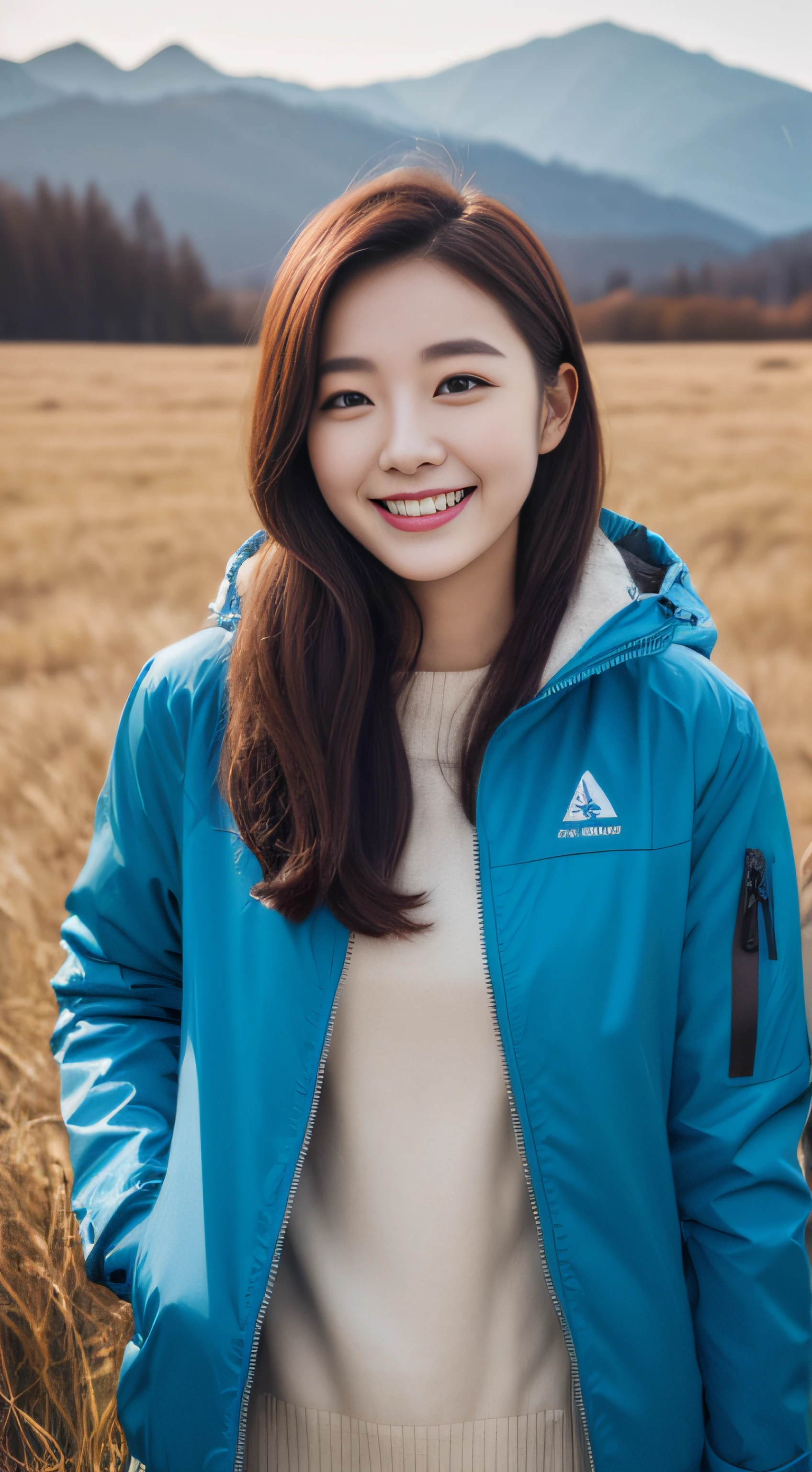 (of a real:1.5),Wear a windproof jacket,(snow mountains:1.5),grassy fields,ssmile,age 22,one-girl,